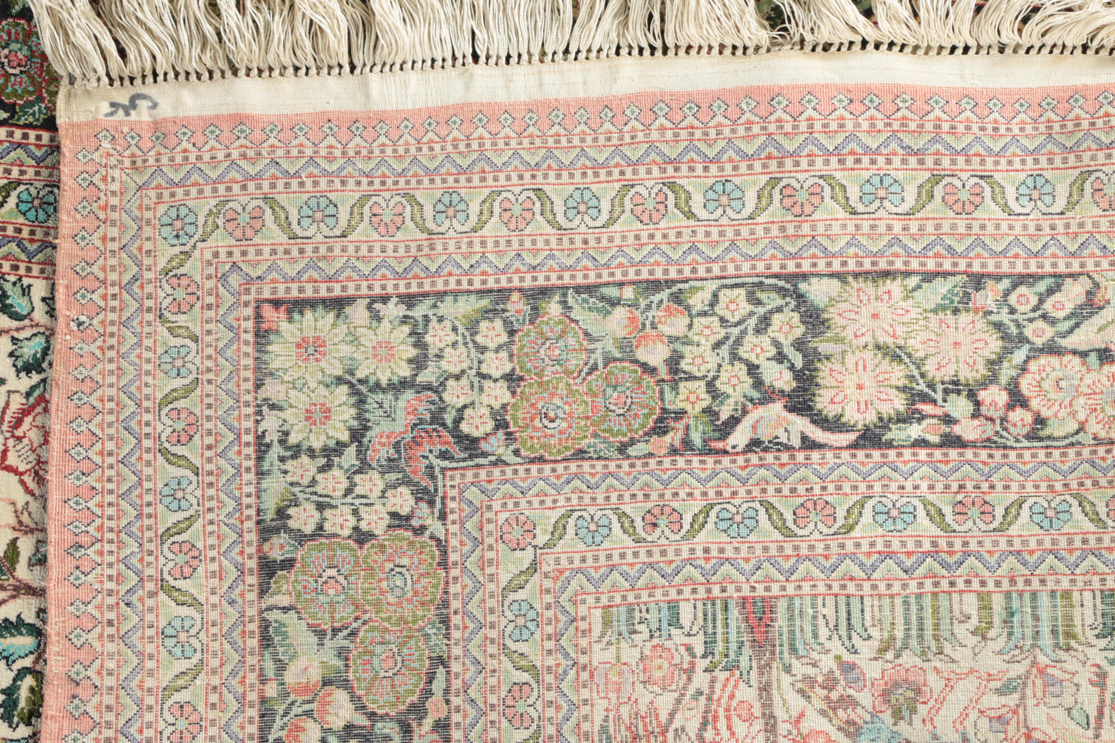 Finely Hand-Knotted Turkish Hereke Silk Garden Accent Rug