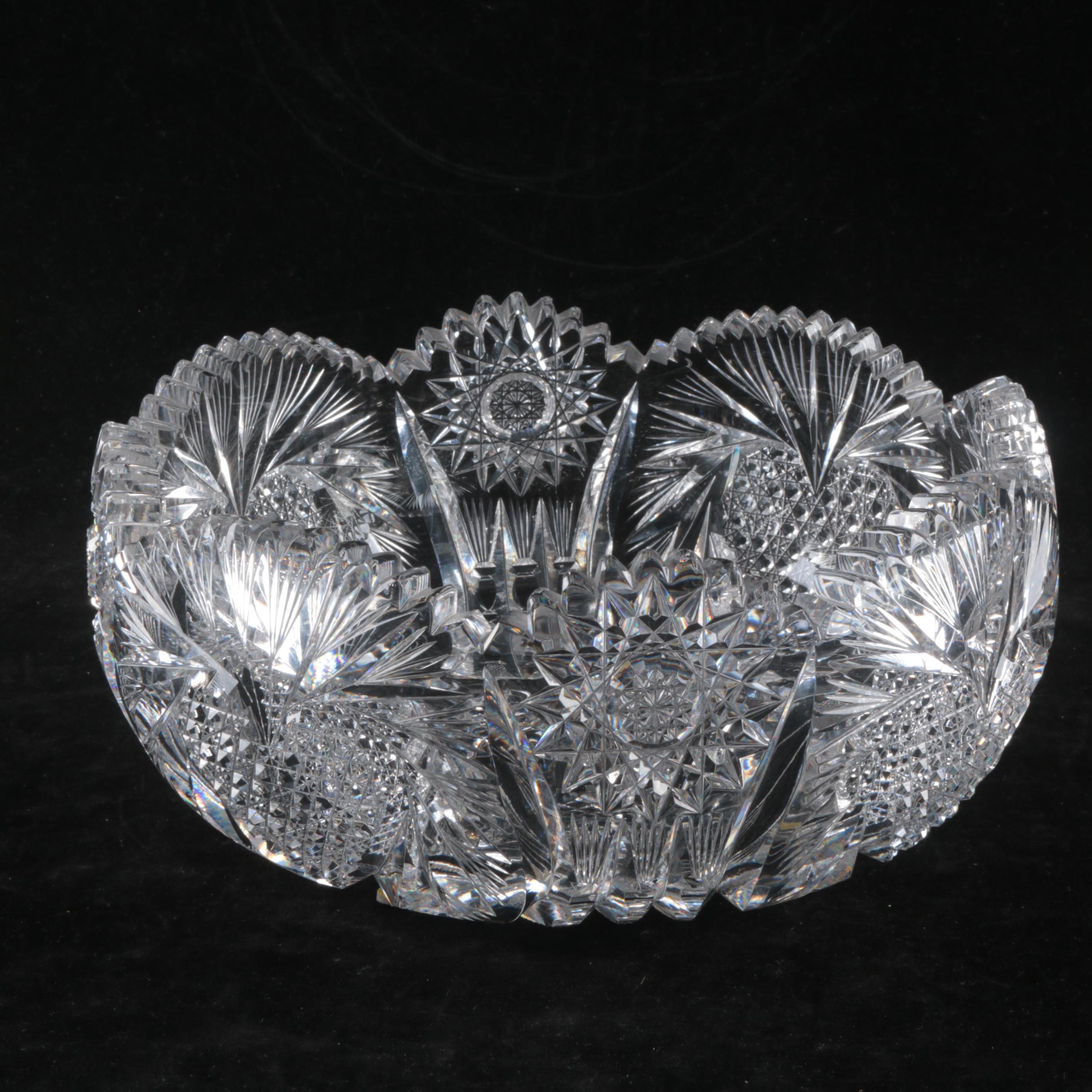 American Brilliant Period Cut Glass Hobstar and Heart Motif Bowl