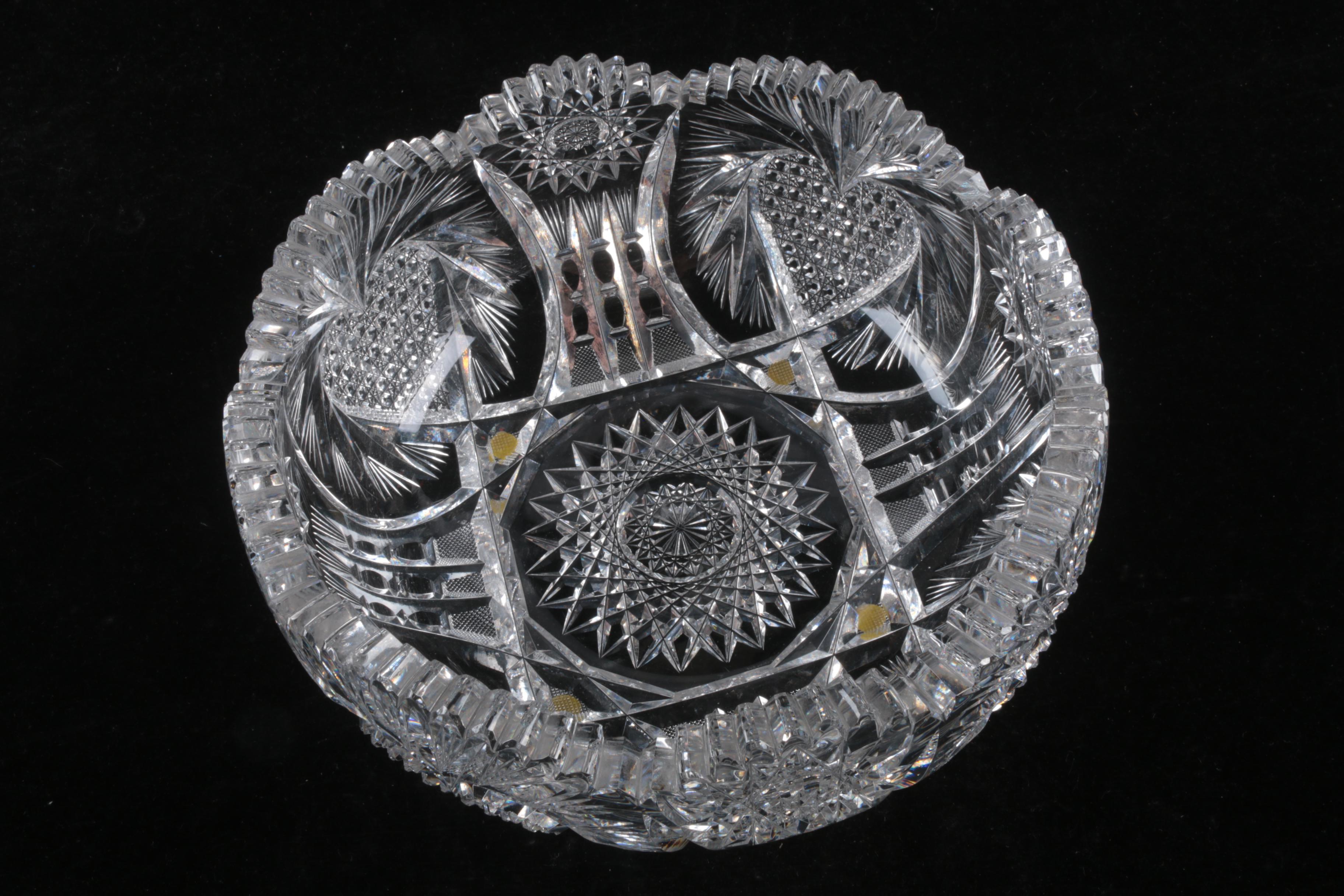 American Brilliant Period Cut Glass Hobstar and Heart Motif Bowl