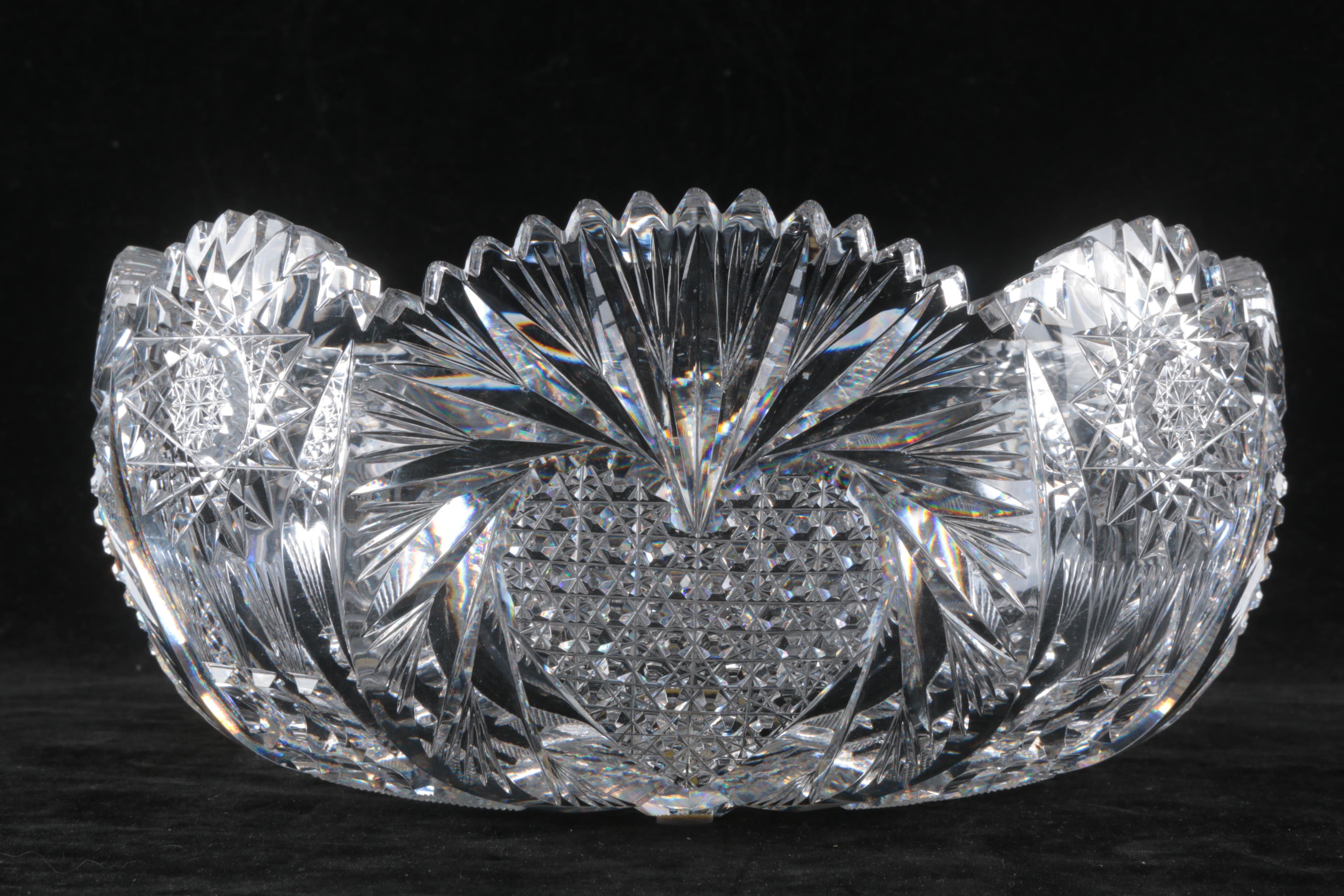 American Brilliant Period Cut Glass Hobstar and Heart Motif Bowl