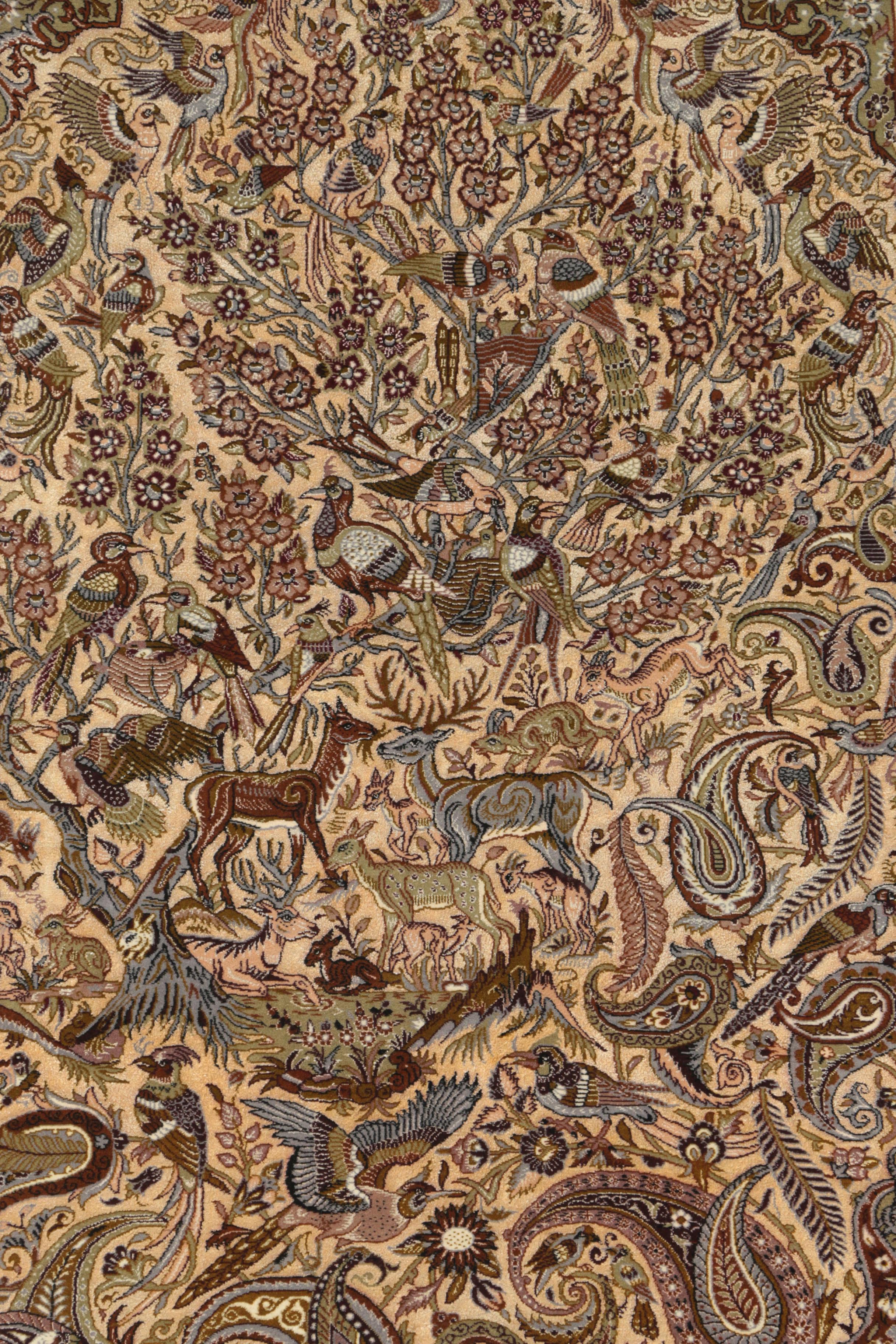 Hand-Knotted Inscribed Persian Isfahan Pictorial Wool and Silk Accent Rug