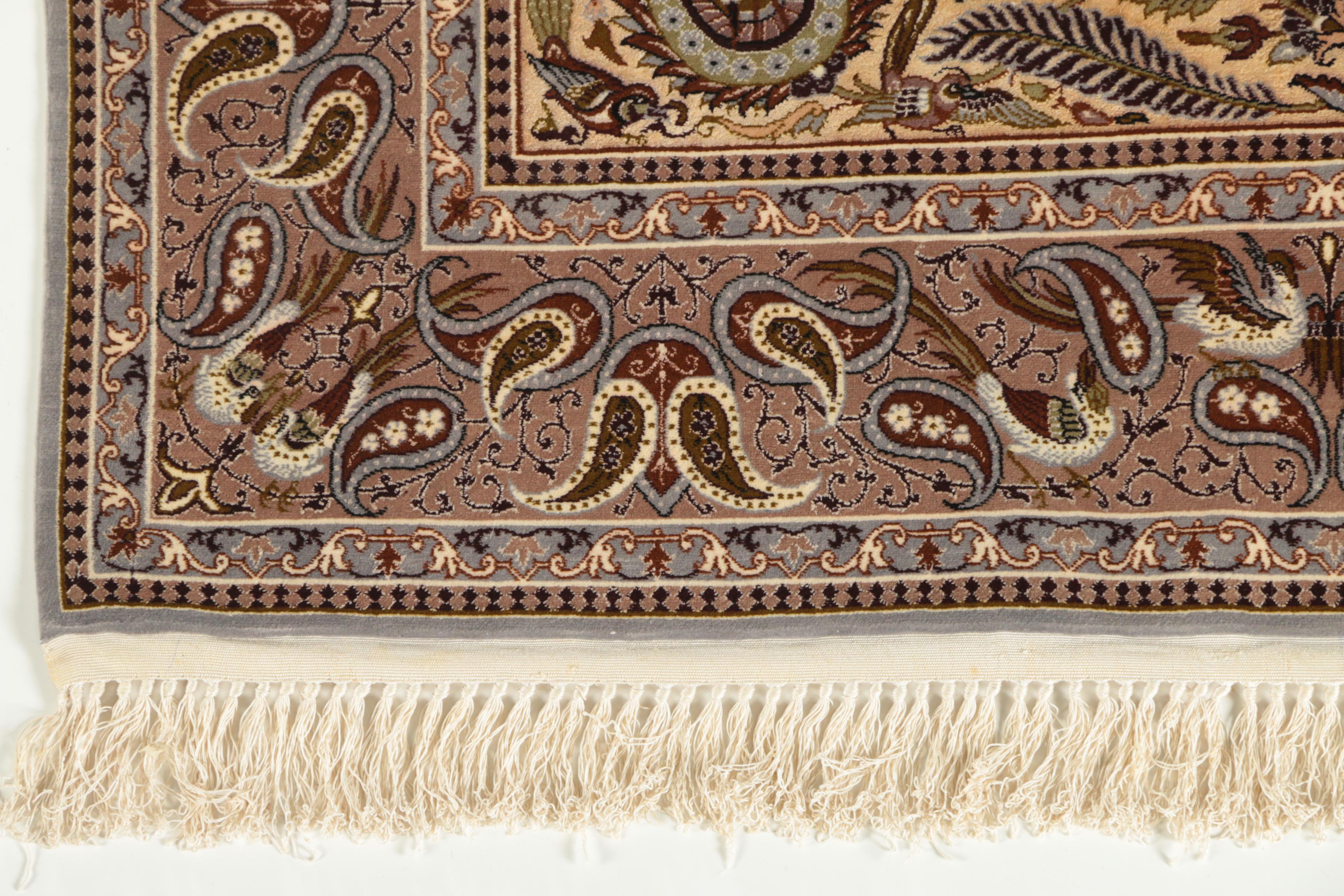 Hand-Knotted Inscribed Persian Isfahan Pictorial Wool and Silk Accent Rug