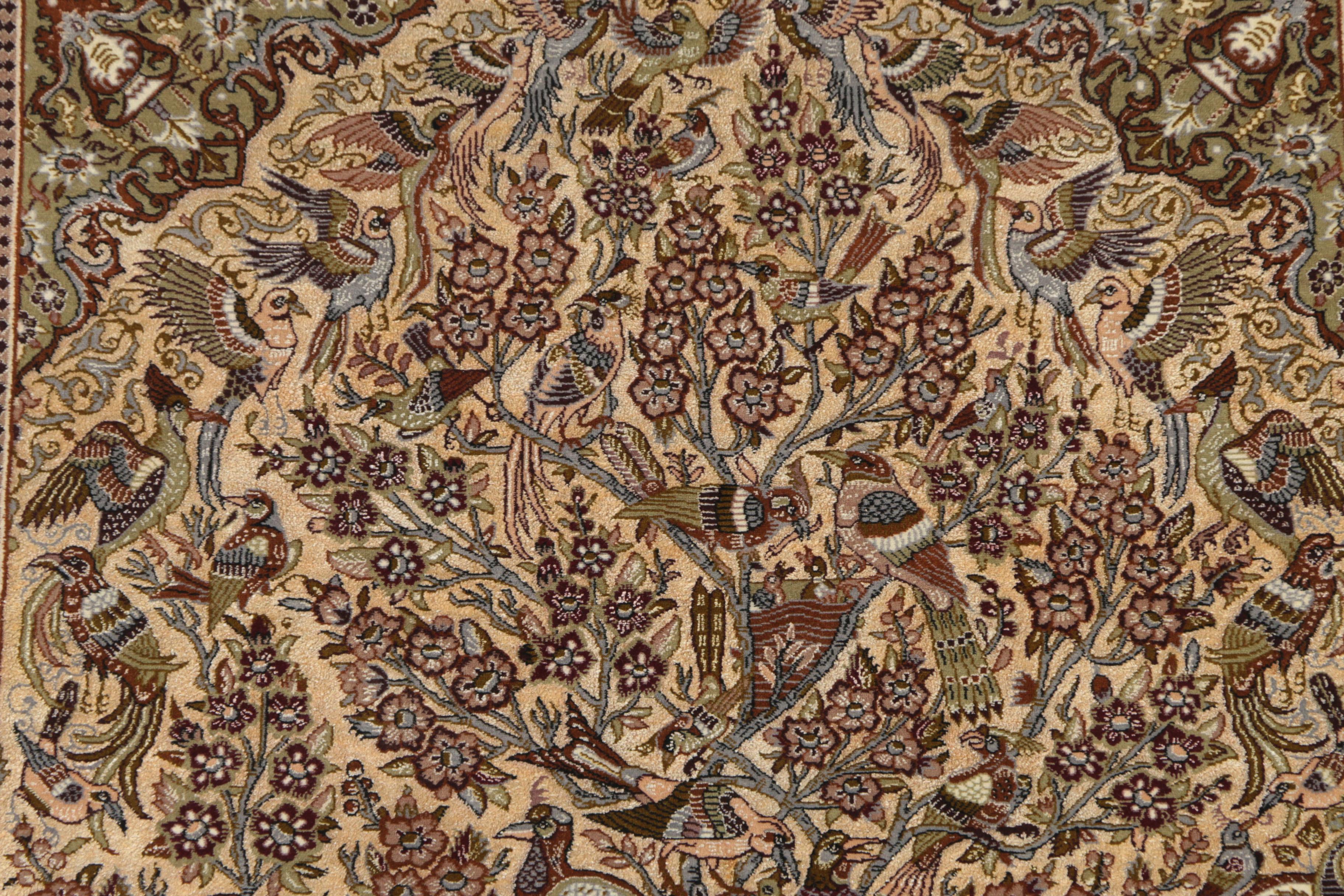Hand-Knotted Inscribed Persian Isfahan Pictorial Wool and Silk Accent Rug
