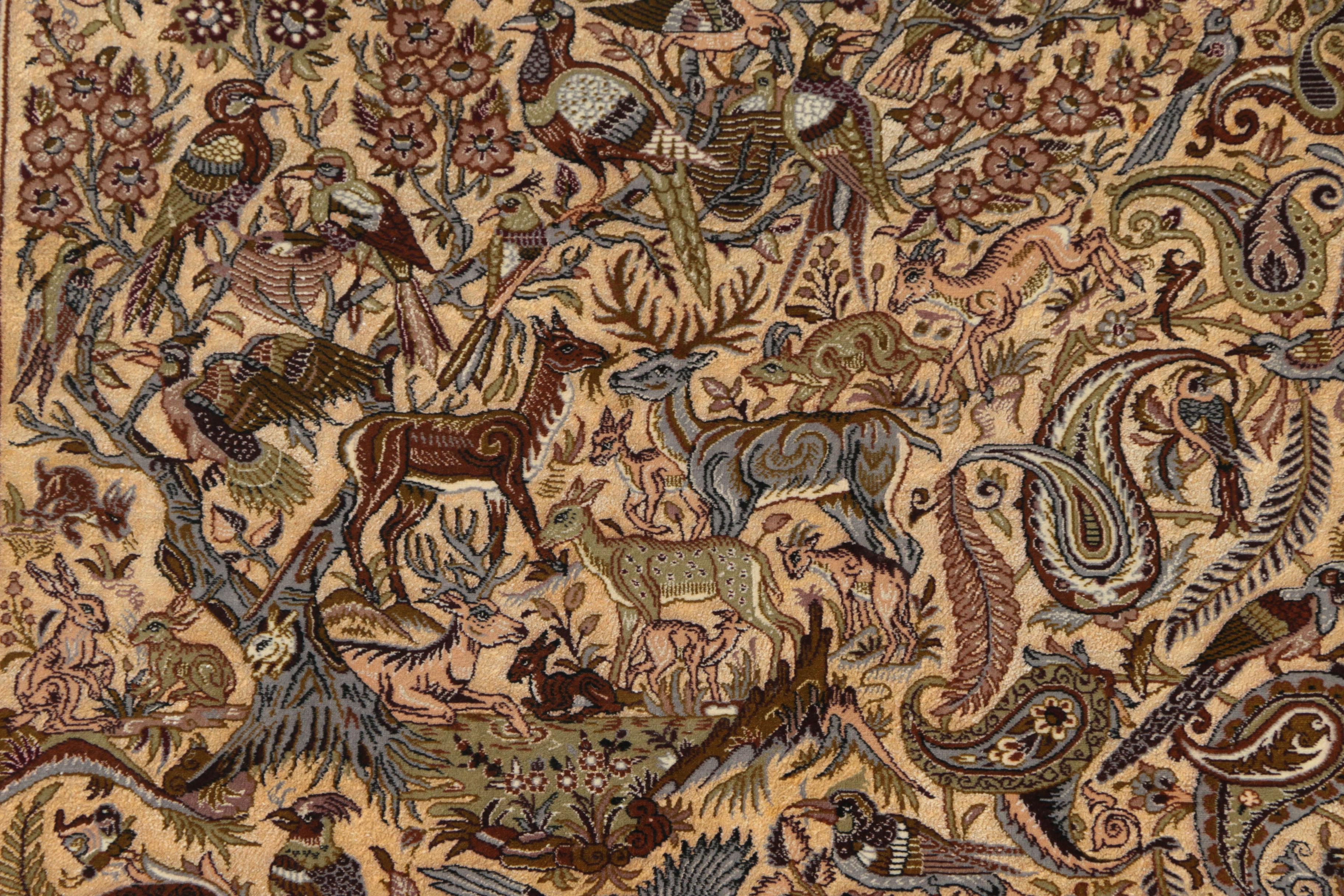 Hand-Knotted Inscribed Persian Isfahan Pictorial Wool and Silk Accent Rug