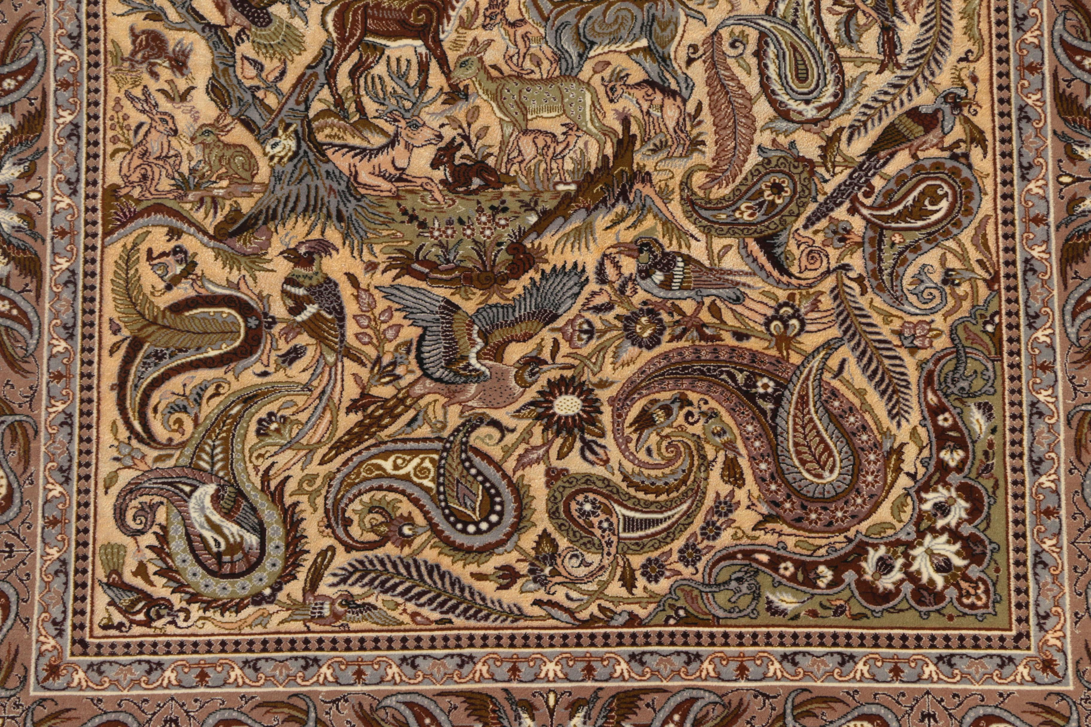 Hand-Knotted Inscribed Persian Isfahan Pictorial Wool and Silk Accent Rug