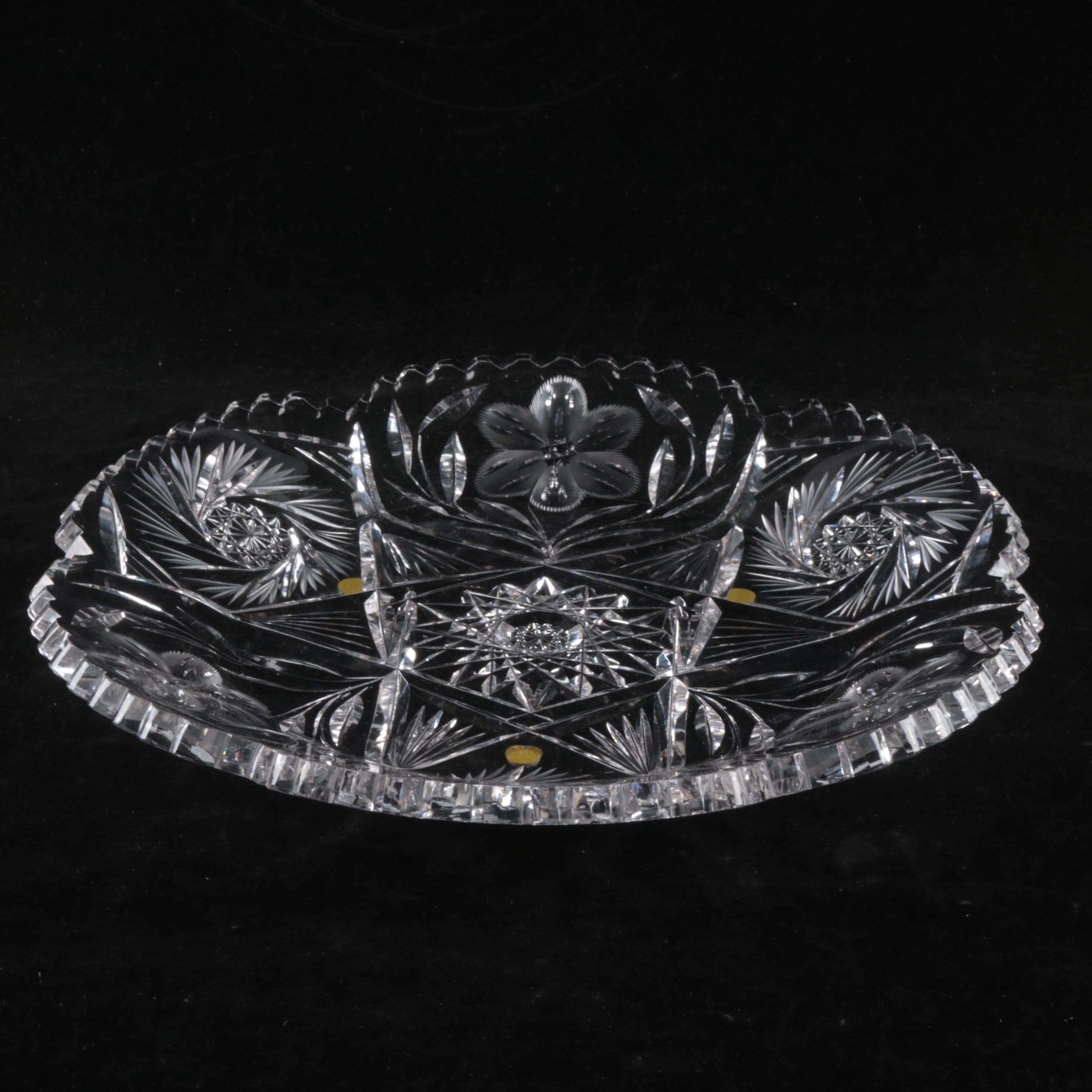 Vintage Cut Glass Buzz Star and Frosted Floral Motif Rim Tray