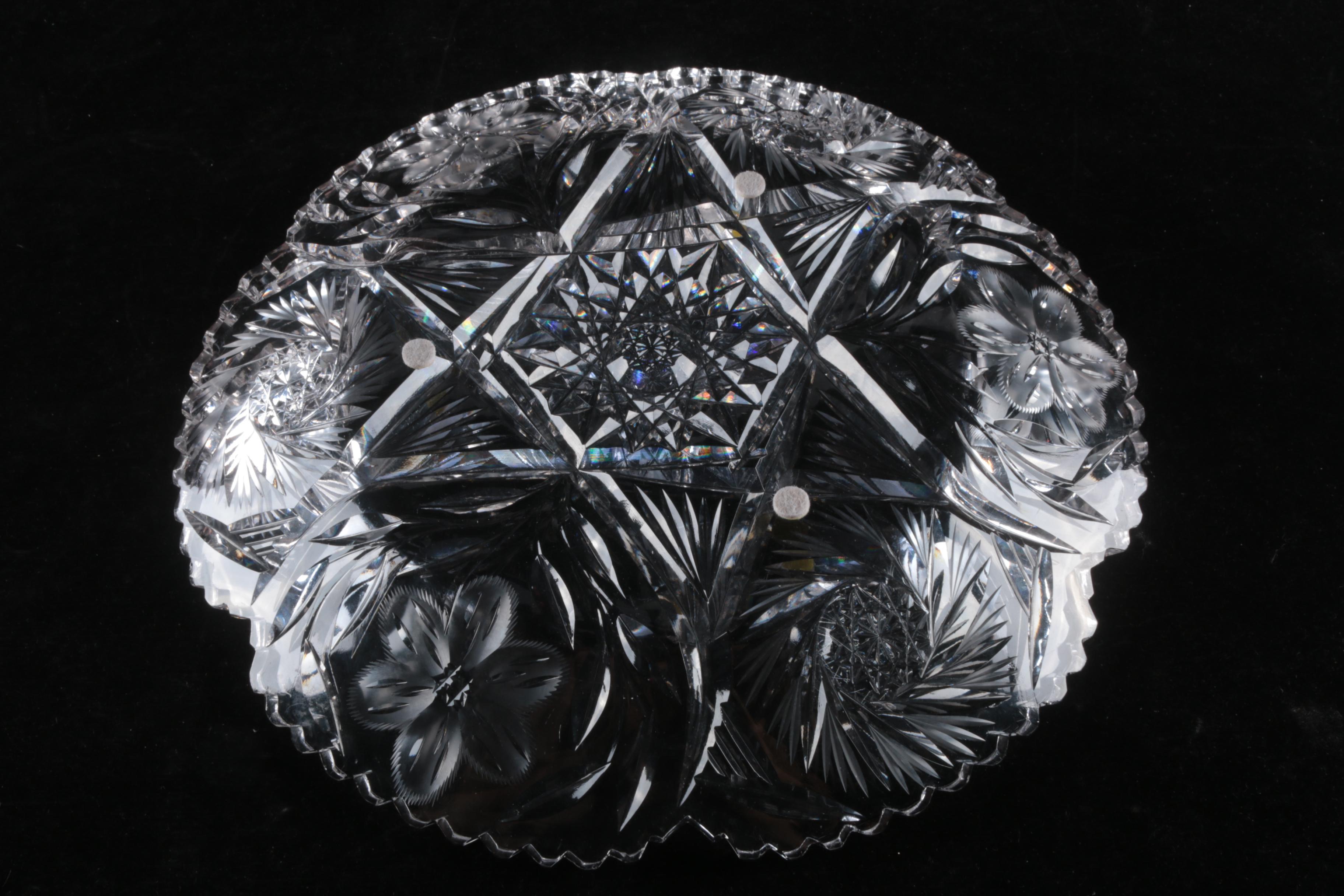 Vintage Cut Glass Buzz Star and Frosted Floral Motif Rim Tray