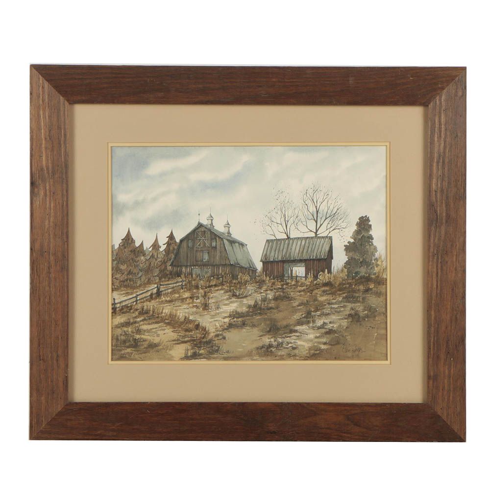 Ellen Jones Ink and Watercolor Painting "Old Burke Barns"