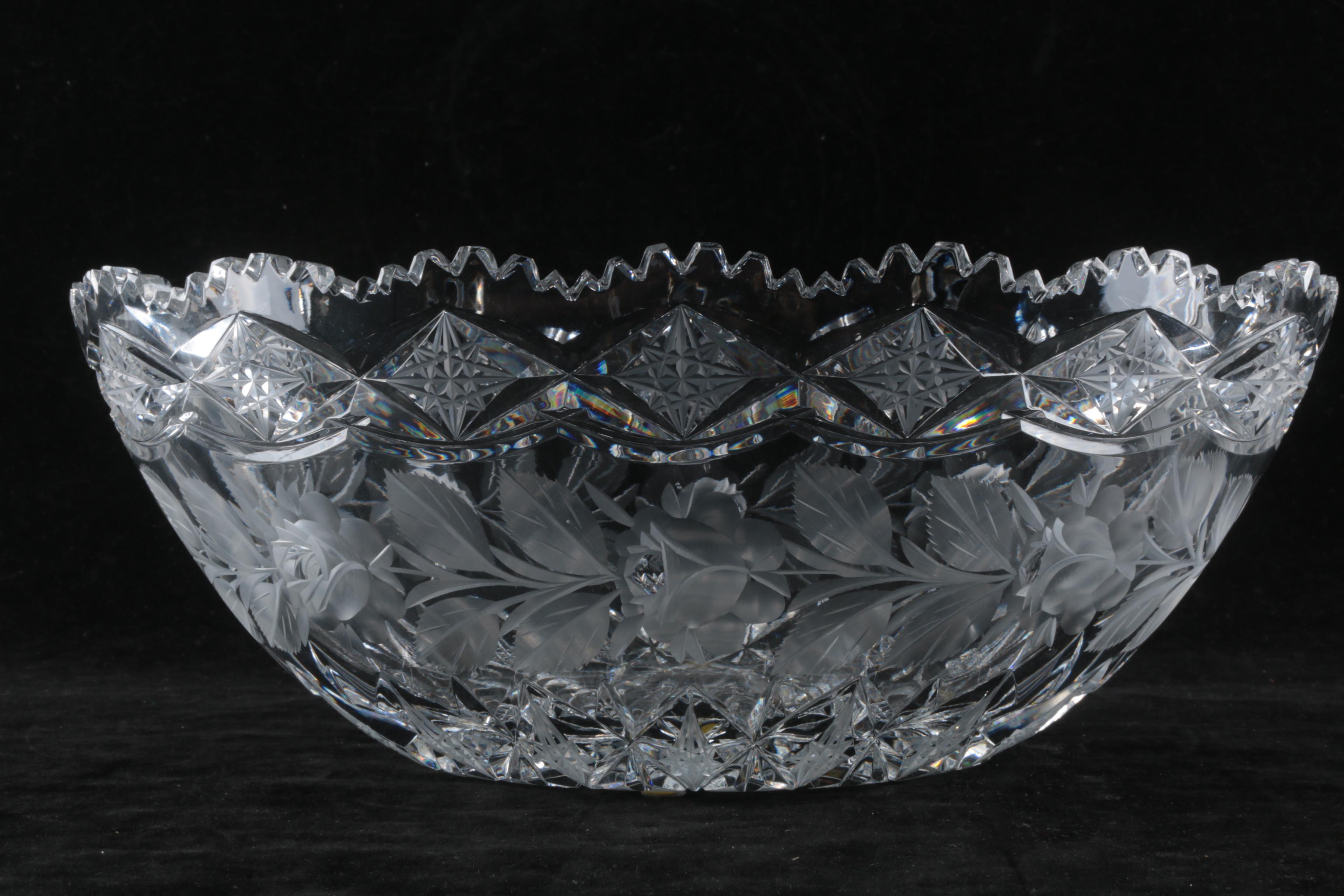 Vintage Cut Glass Bowl with Frosted Flowers