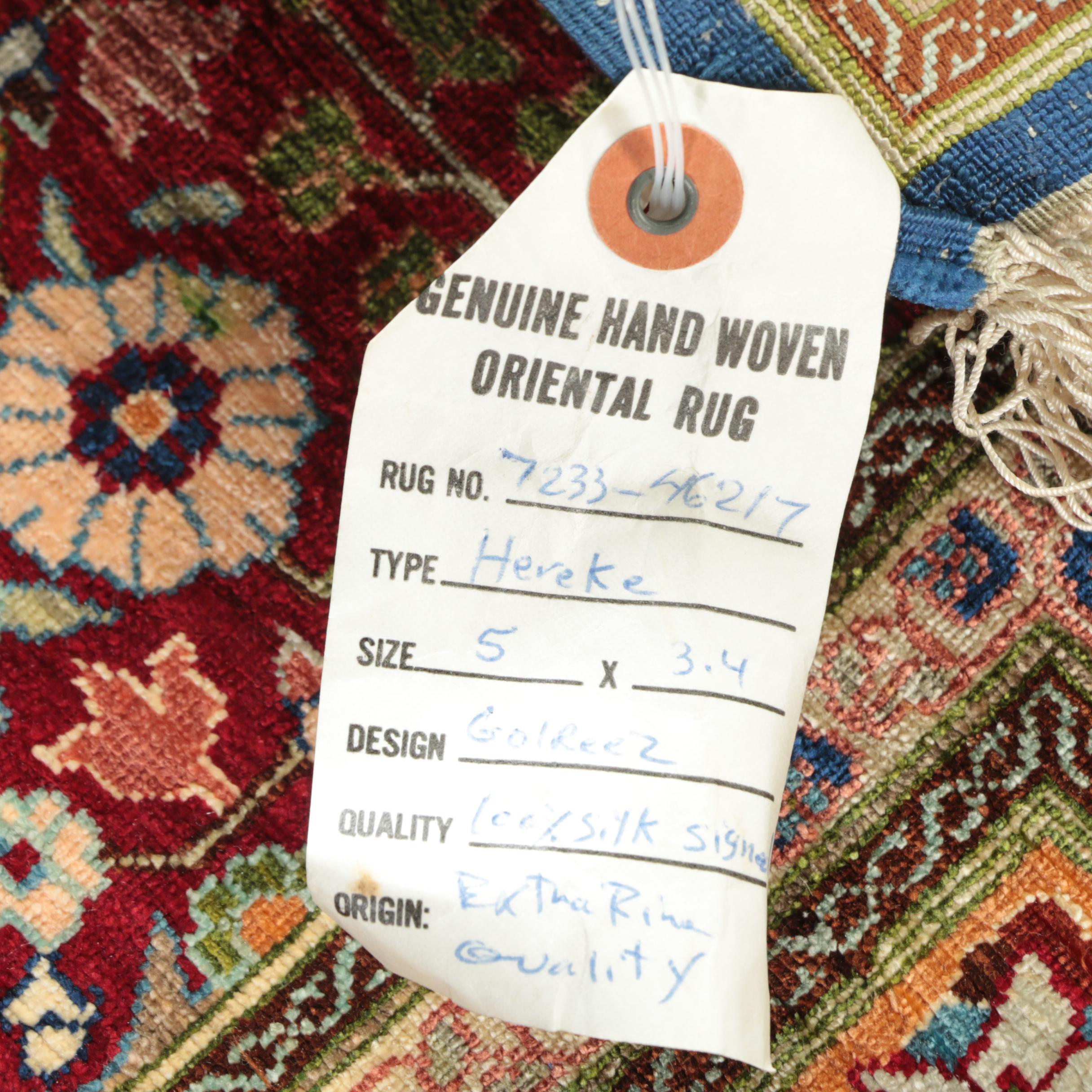 Finely Hand-Knotted Inscribed Turkish Hereke Silk Accent Rug by Golriz Carpets