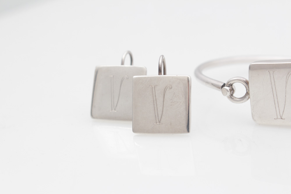 Sterling Silver Monogrammed Bracelet and Earrings