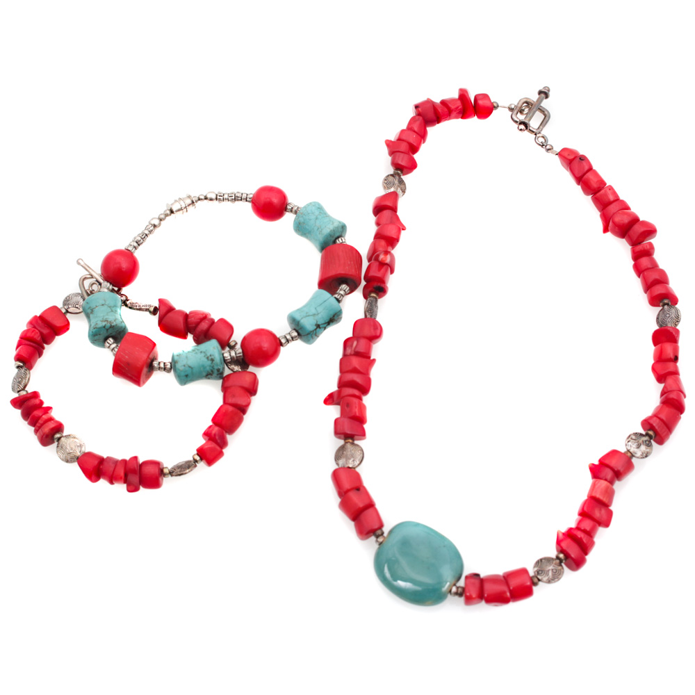 Turquoise and Dyed Red Coral Jewelry