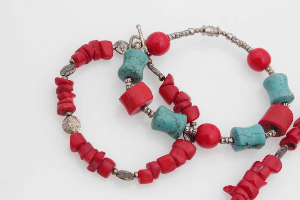 Turquoise and Dyed Red Coral Jewelry