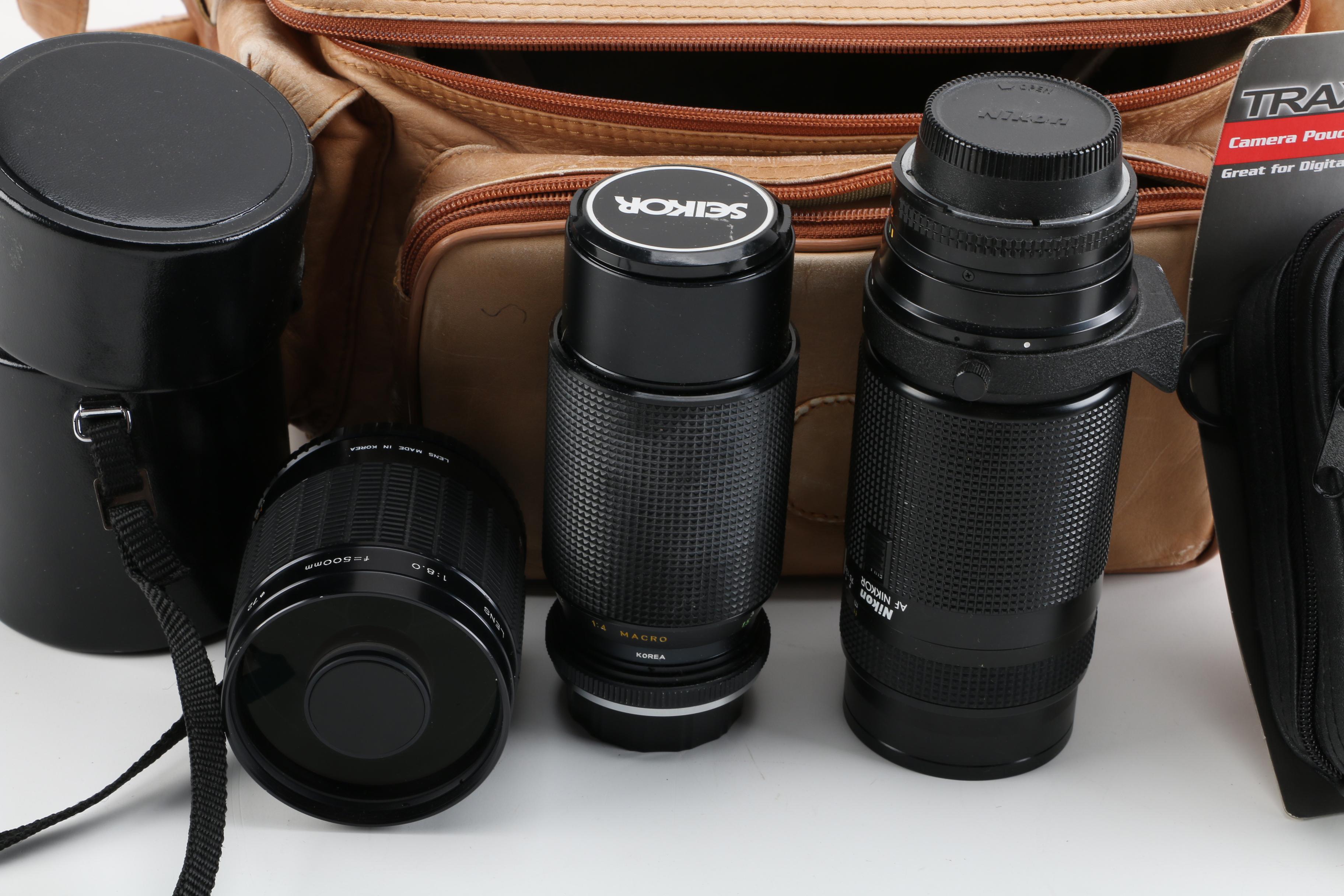 Seikor and Nikon Camera Lenses with D'Brozzi Leather Camera Bag and More