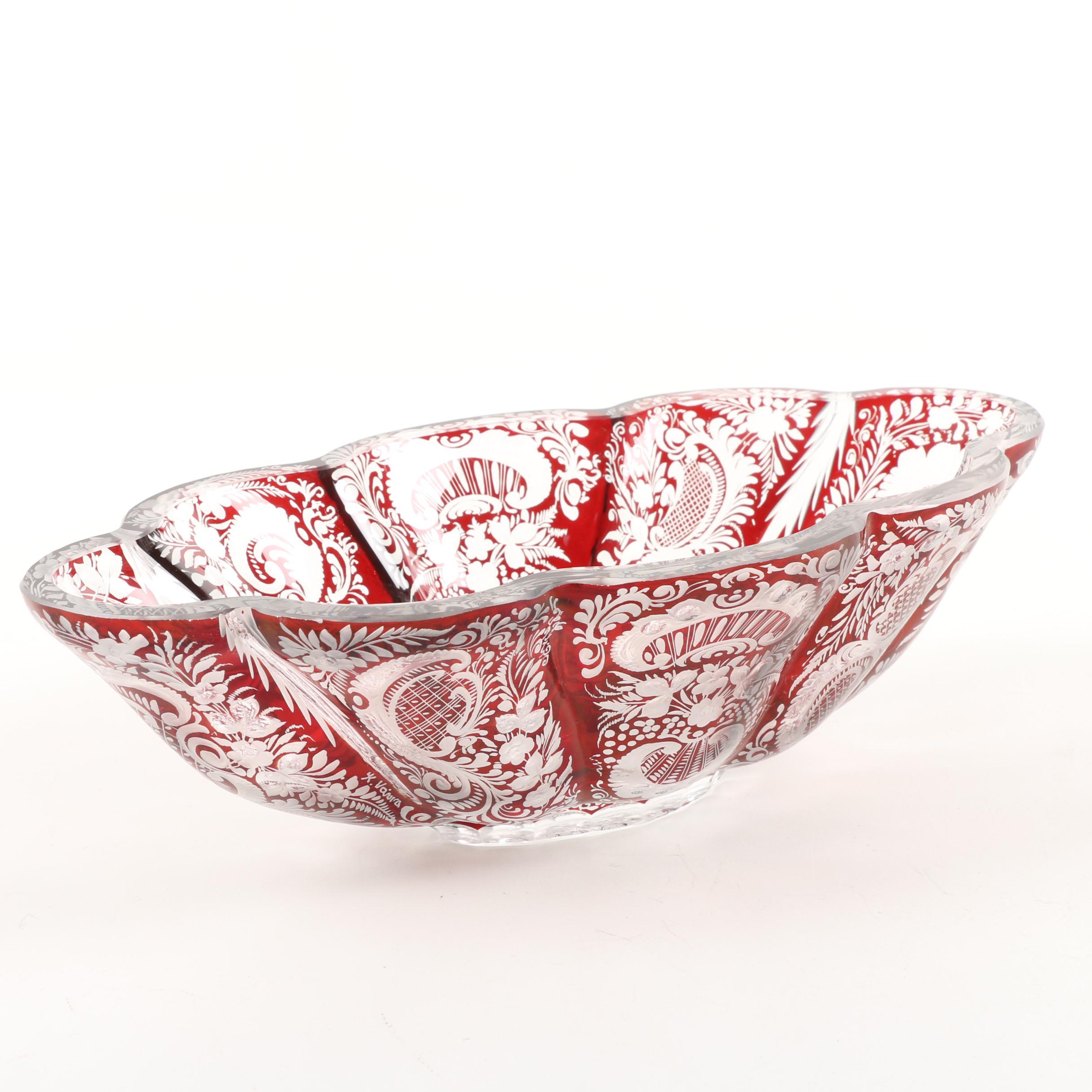 Bohemian Egermann Style Etched Ruby Flashed Crystal Bowl