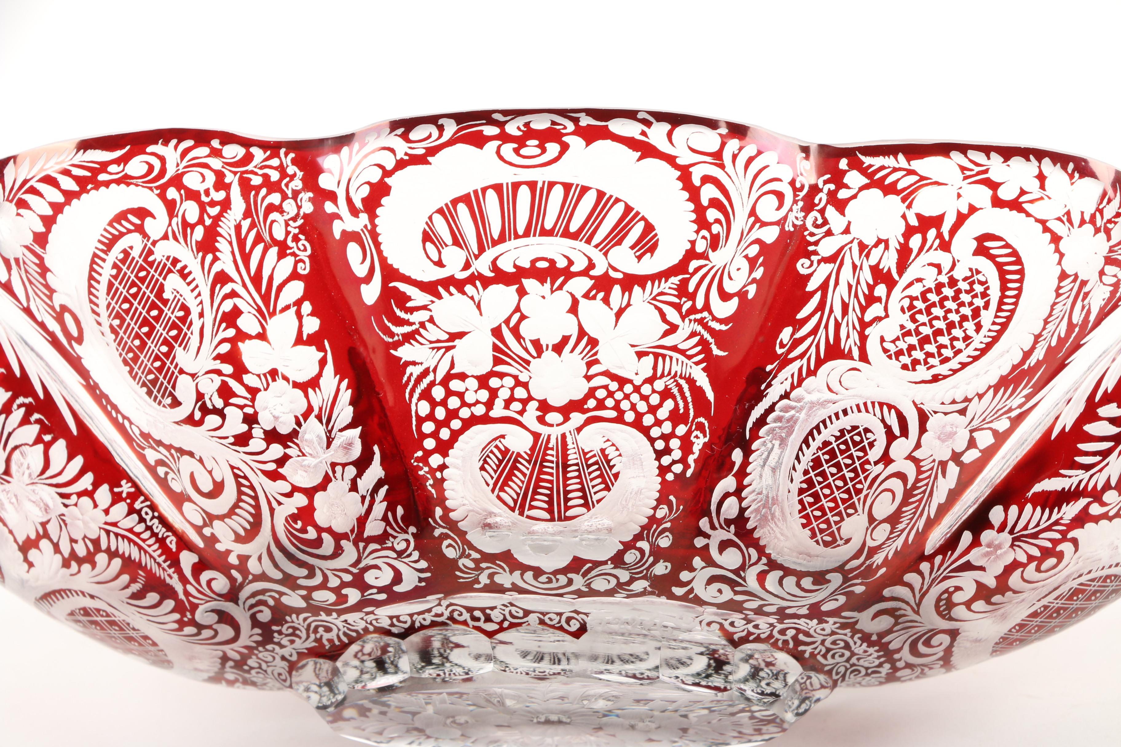 Bohemian Egermann Style Etched Ruby Flashed Crystal Bowl