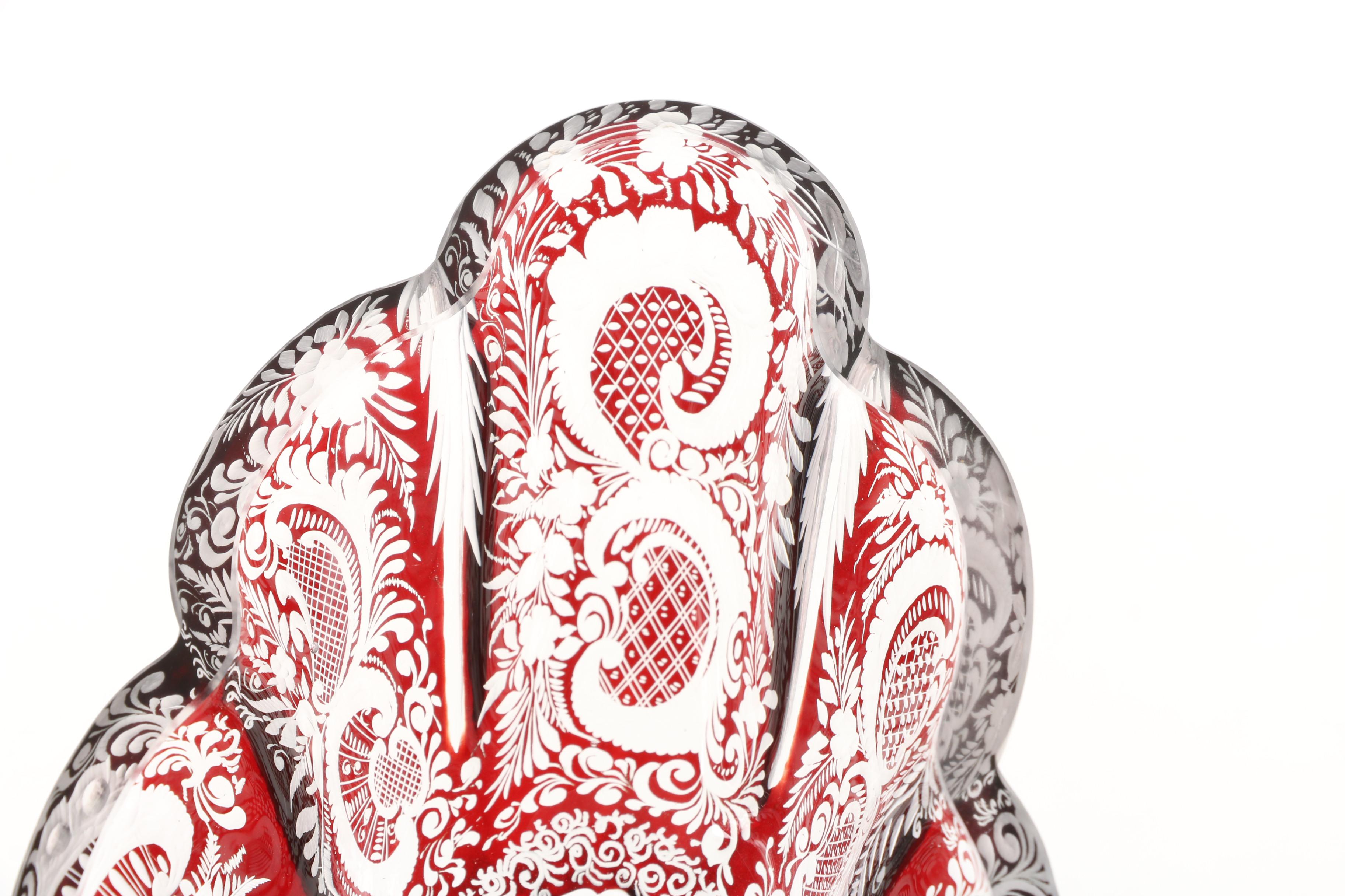 Bohemian Egermann Style Etched Ruby Flashed Crystal Bowl