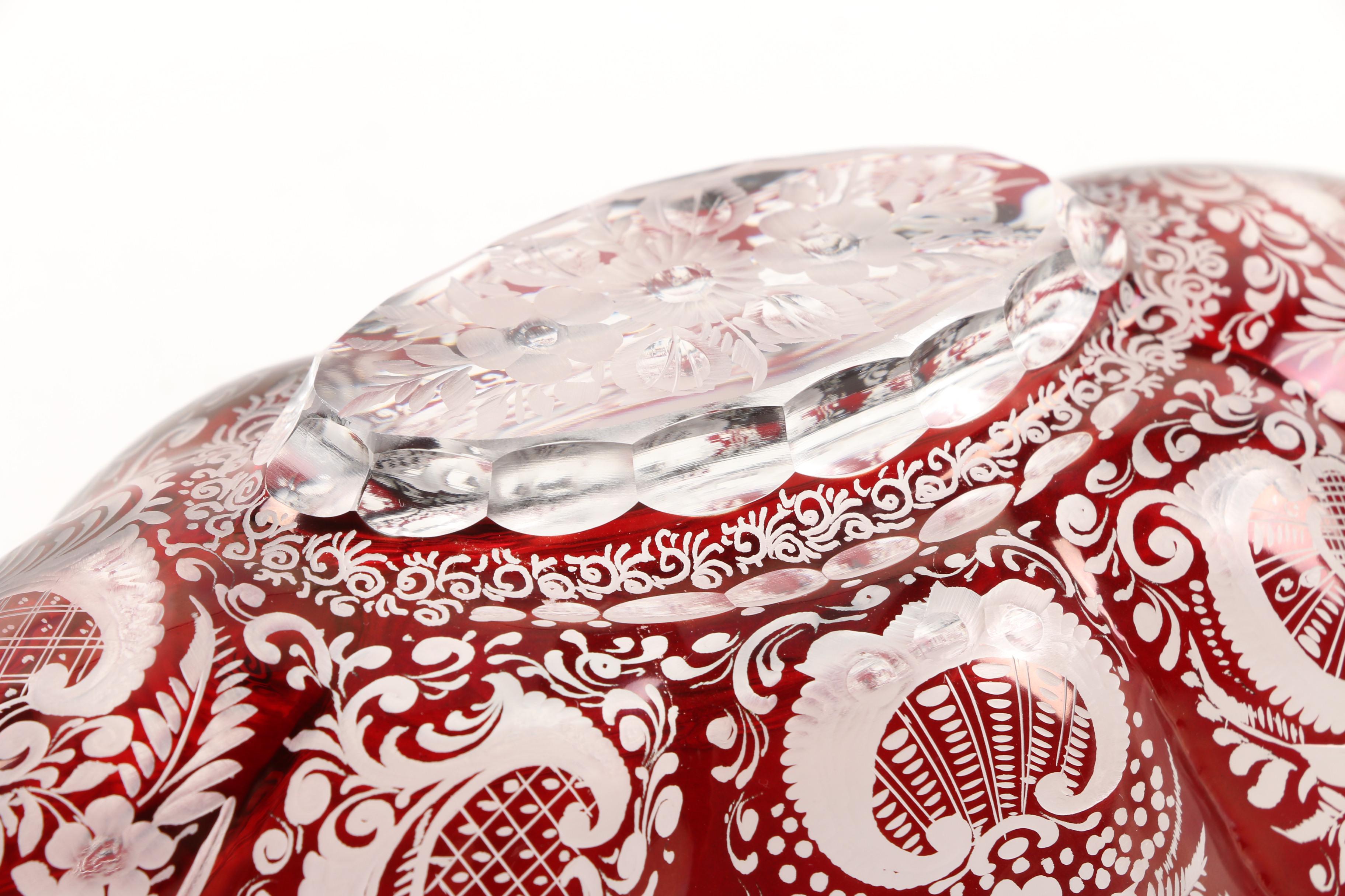 Bohemian Egermann Style Etched Ruby Flashed Crystal Bowl