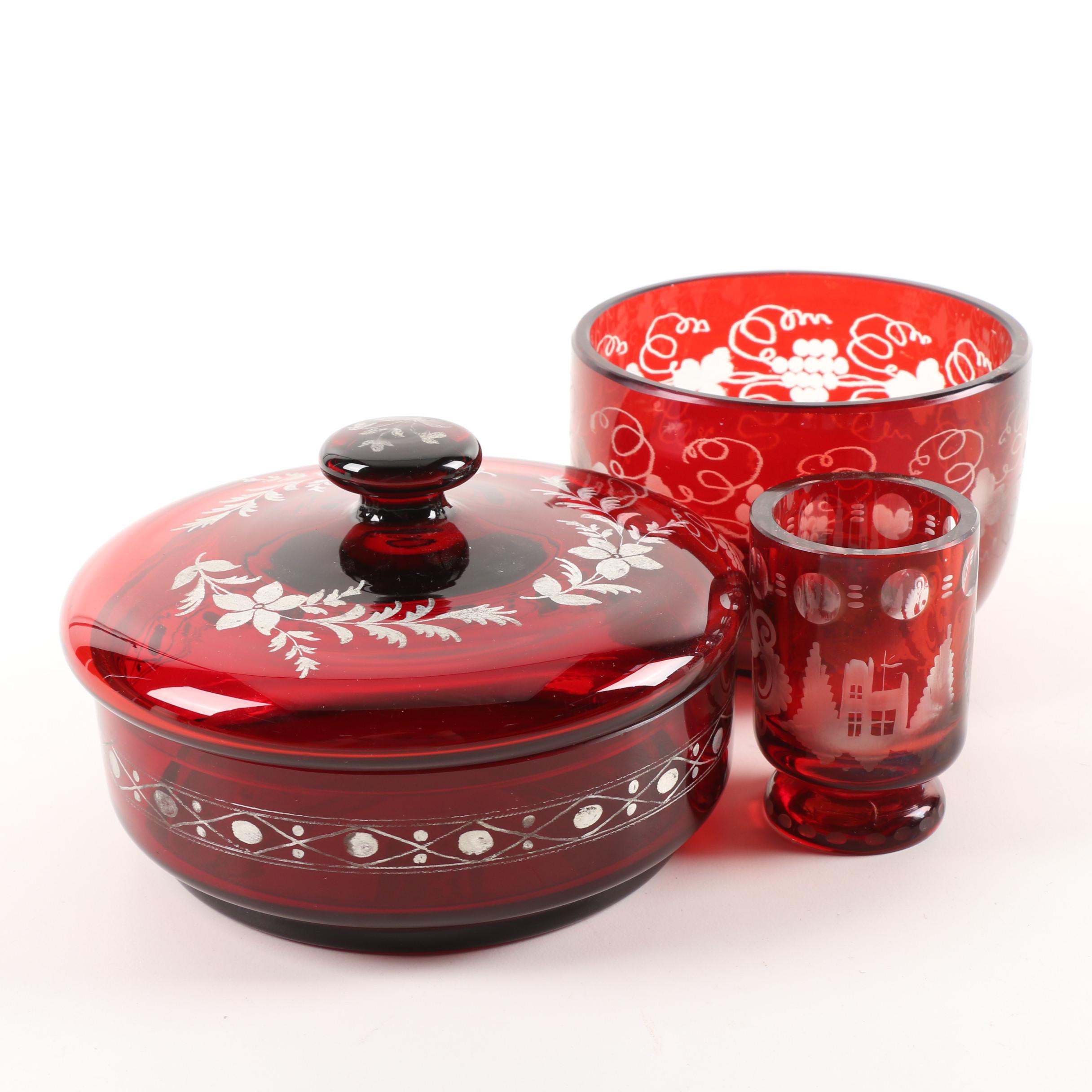 Vintage Ruby Flashed Etched to Clear Glass Serveware