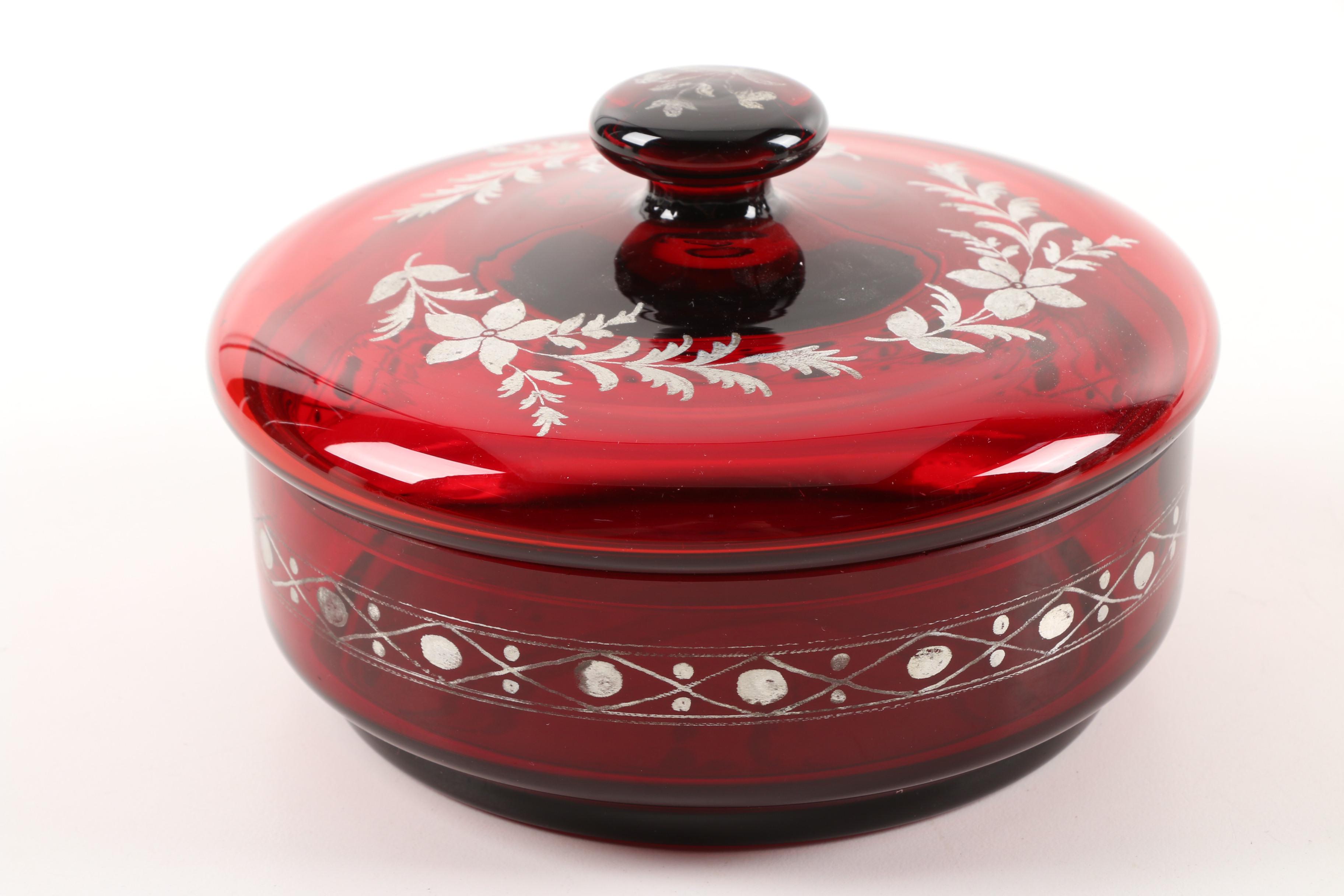 Vintage Ruby Flashed Etched to Clear Glass Serveware