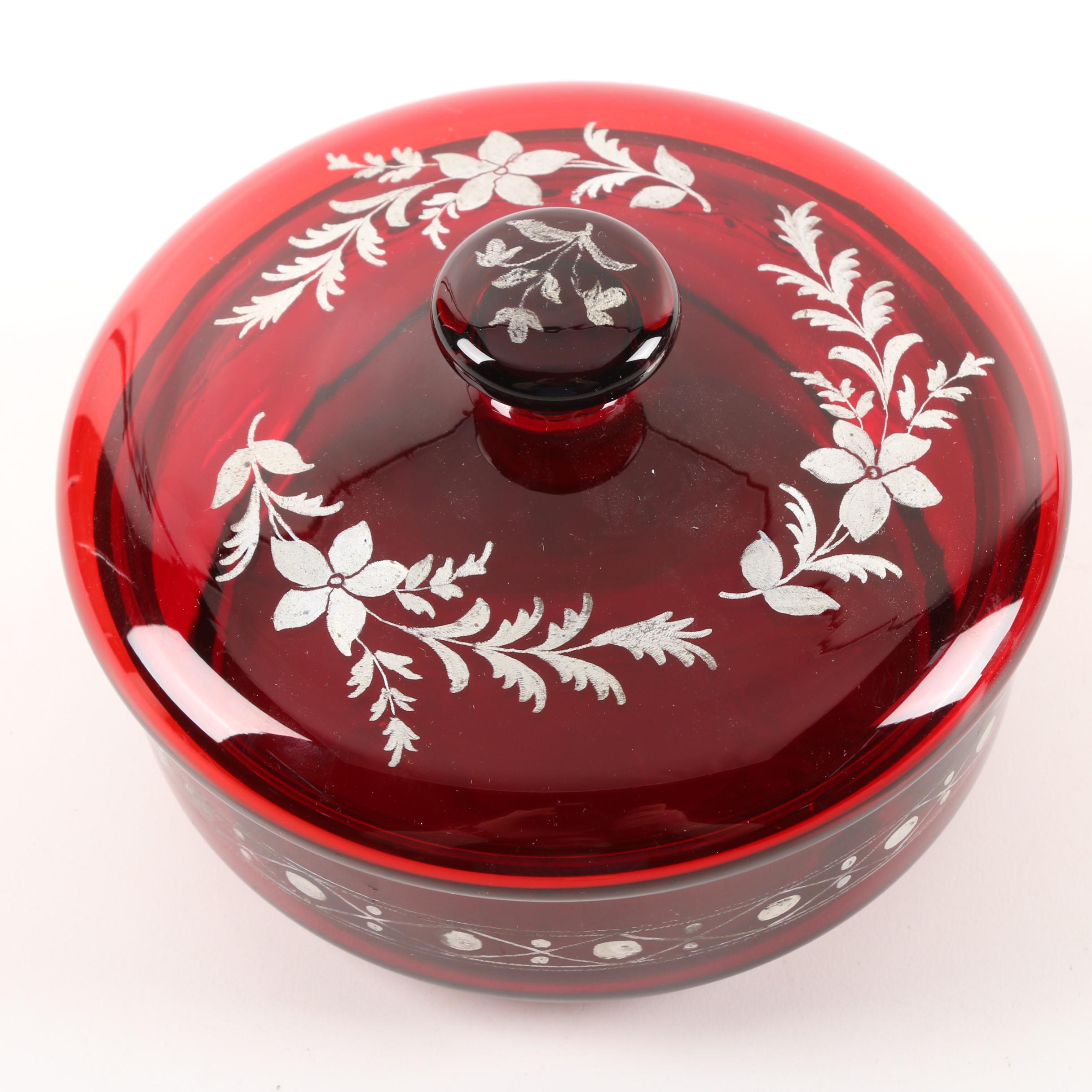 Vintage Ruby Flashed Etched to Clear Glass Serveware