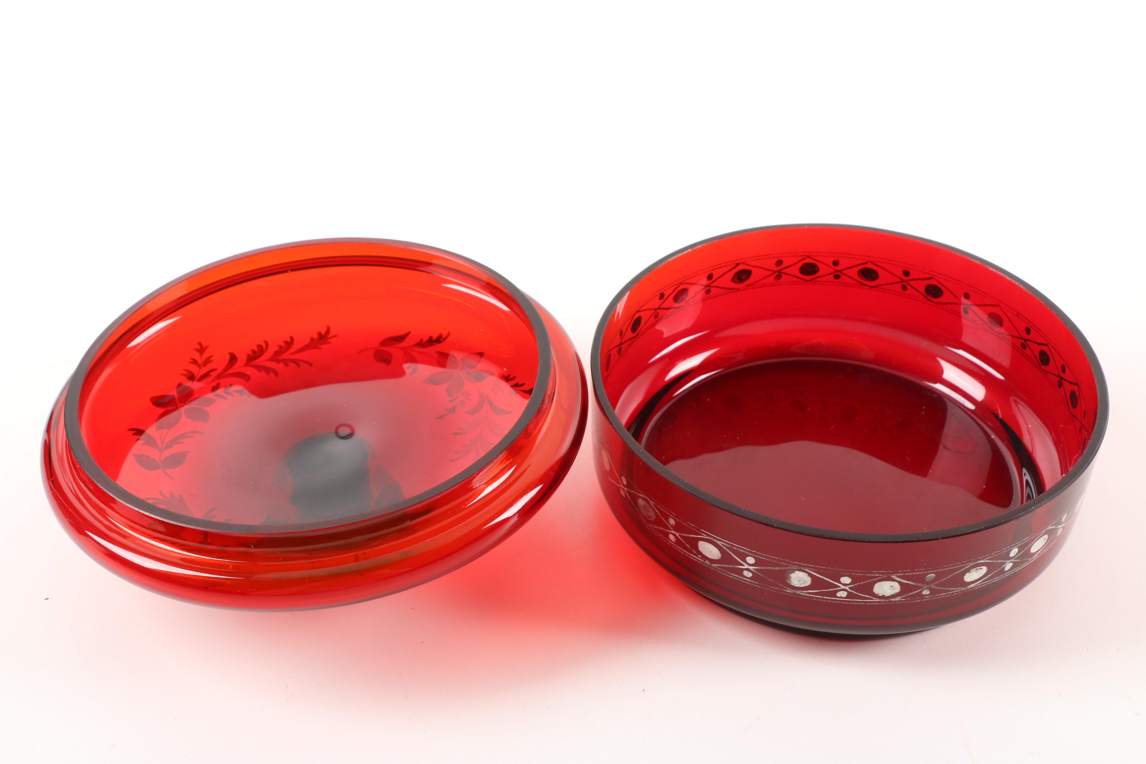 Vintage Ruby Flashed Etched to Clear Glass Serveware