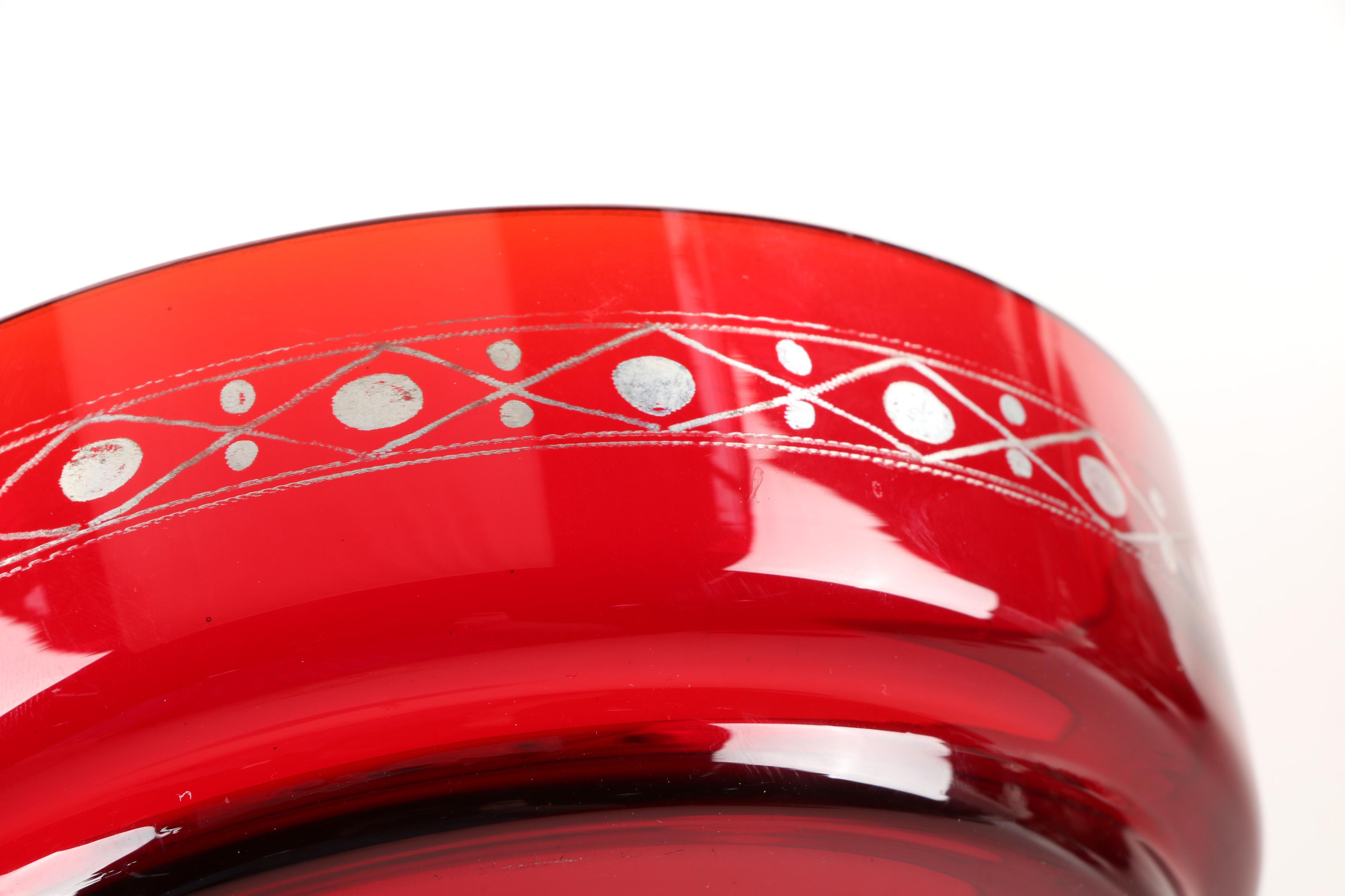 Vintage Ruby Flashed Etched to Clear Glass Serveware