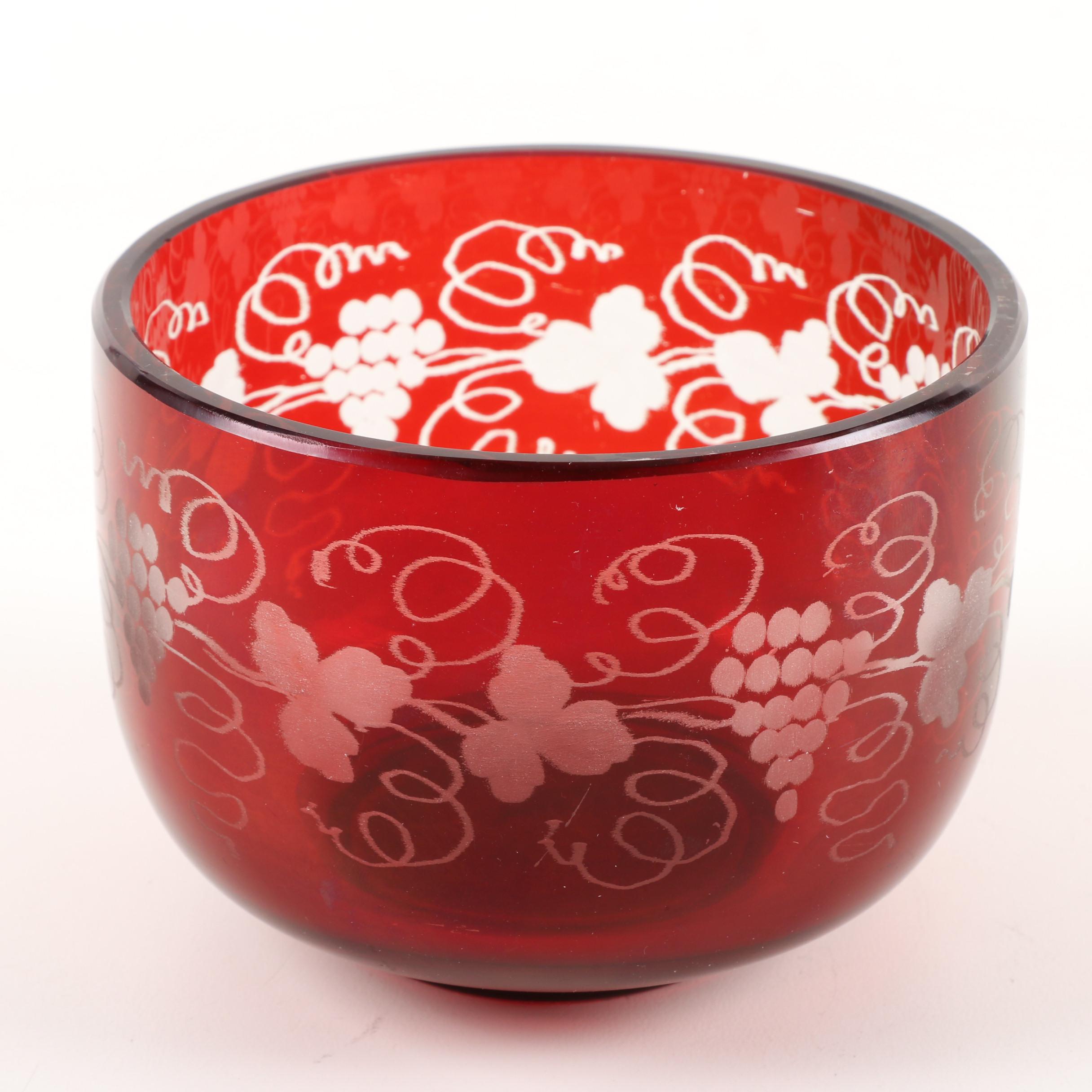 Vintage Ruby Flashed Etched to Clear Glass Serveware