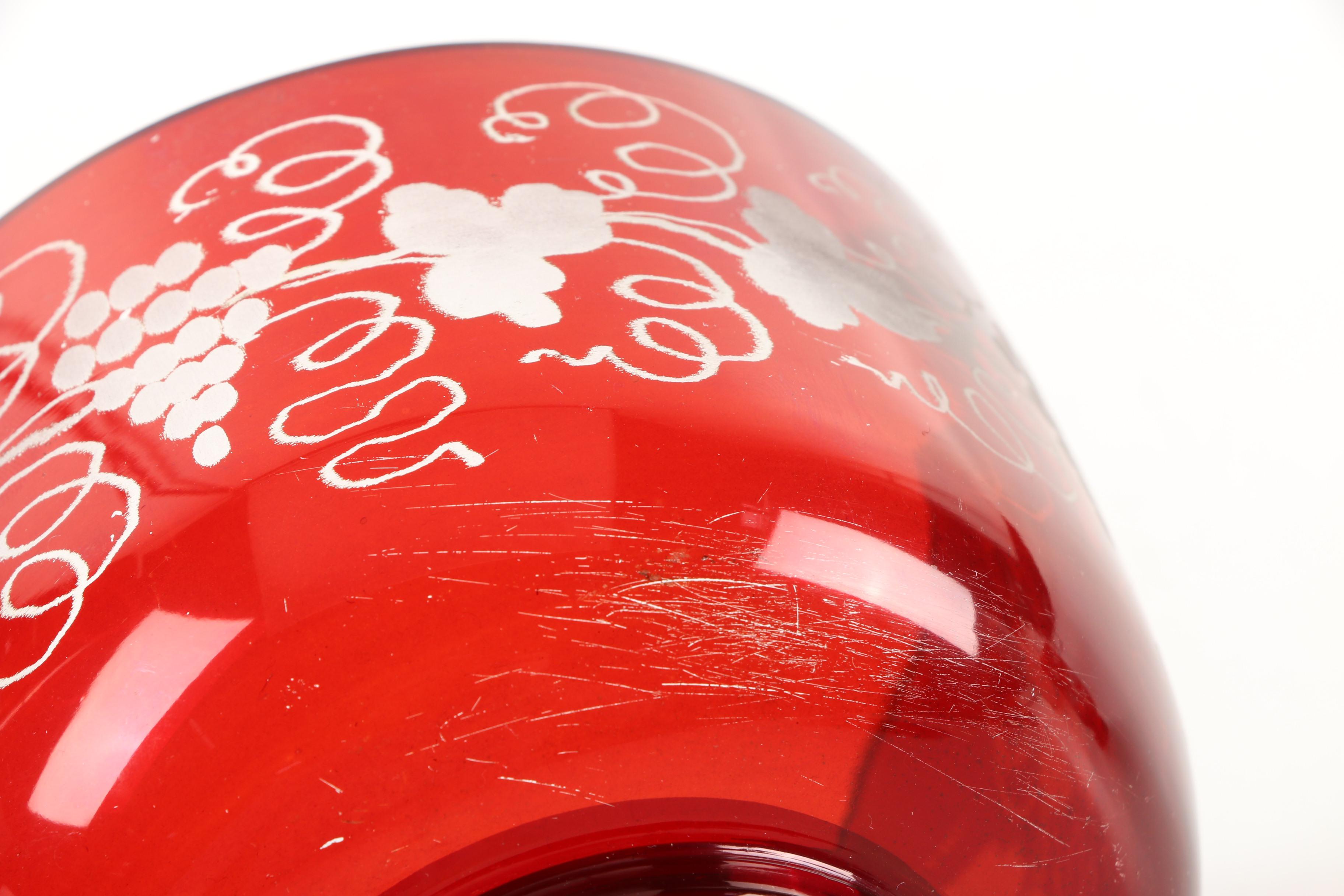 Vintage Ruby Flashed Etched to Clear Glass Serveware