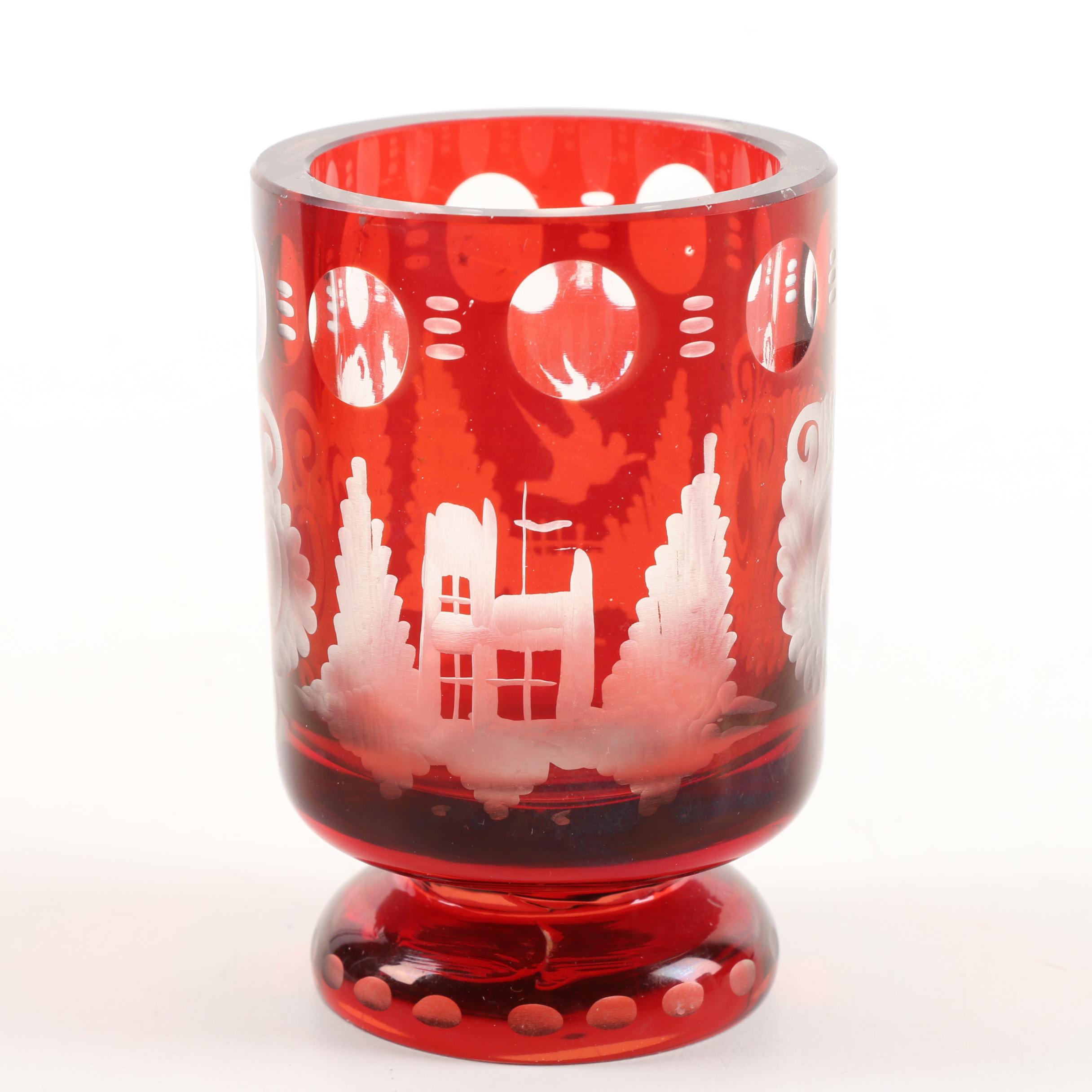 Vintage Ruby Flashed Etched to Clear Glass Serveware