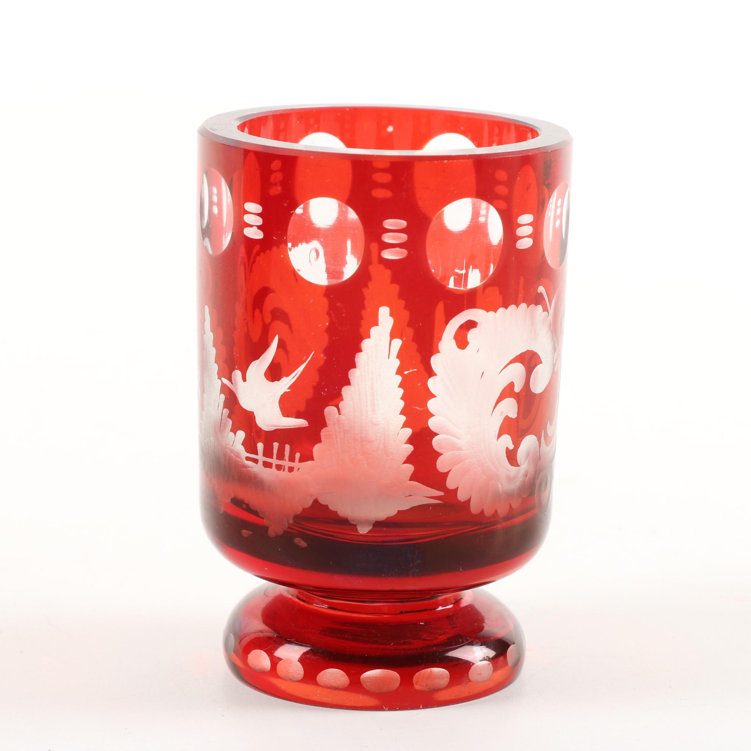 Vintage Ruby Flashed Etched to Clear Glass Serveware