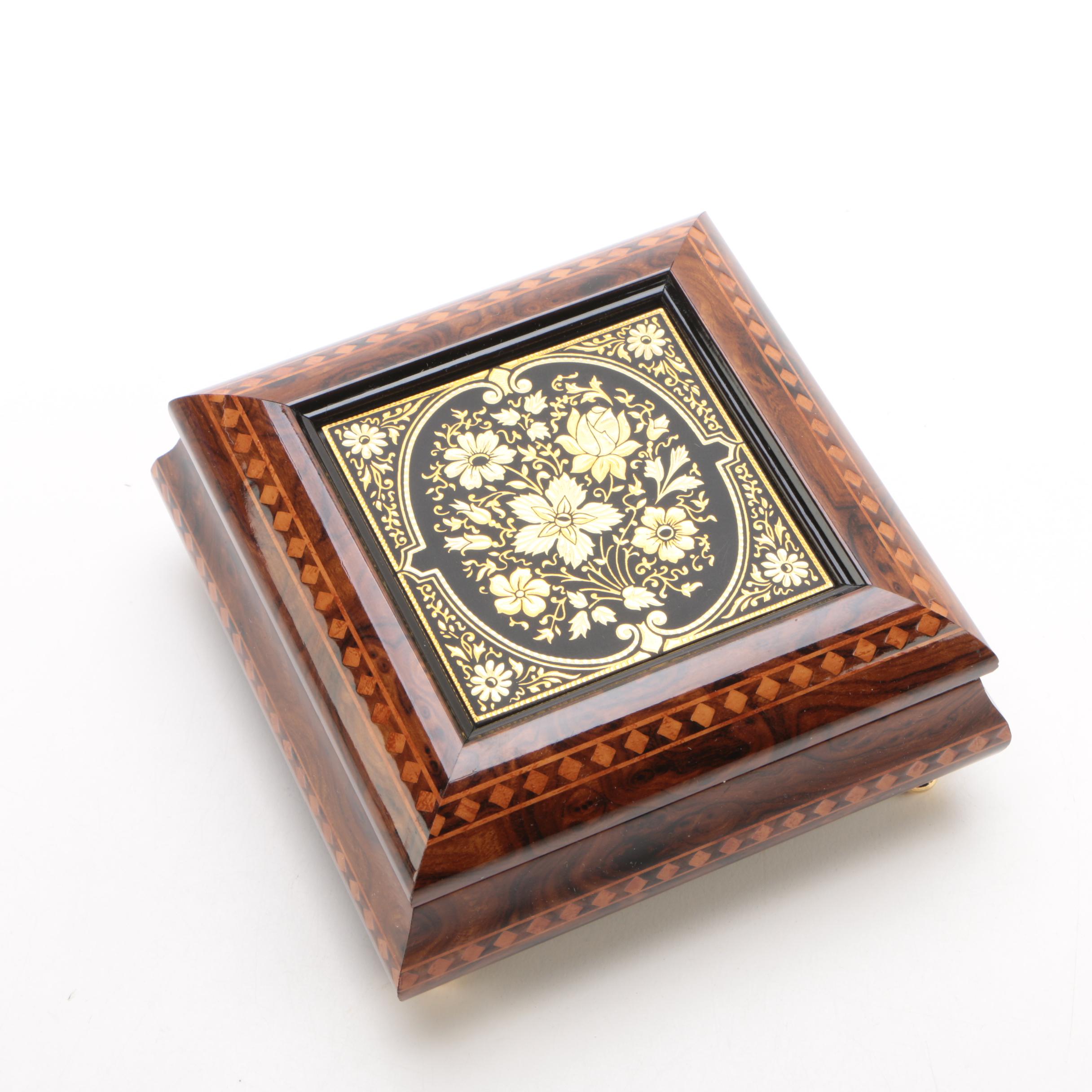 Floral Motif Decorative Wood Trinket Box With Gold Tone Details