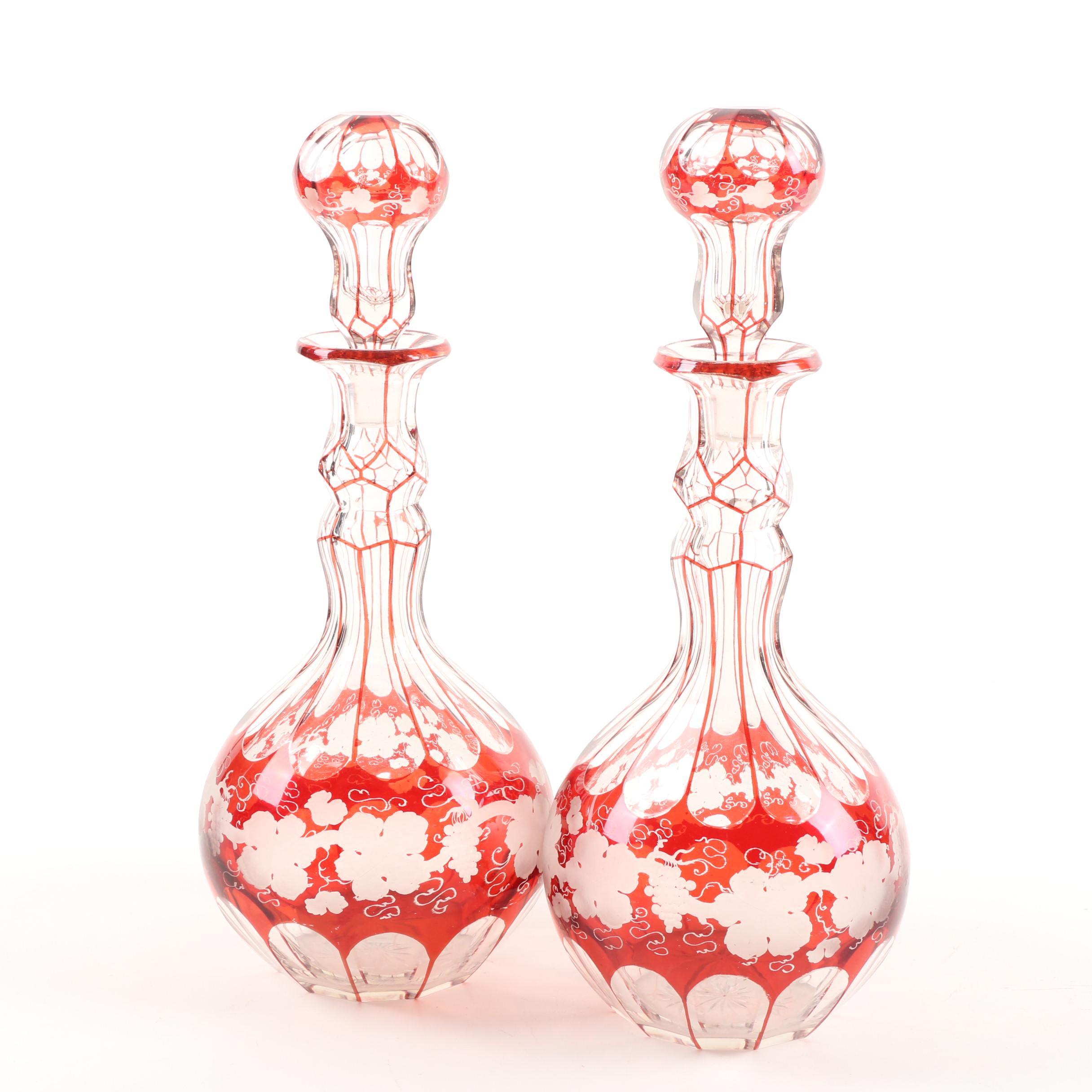 Bohemian Ruby Flashed Crystal Decanters with Grape Vine Motif