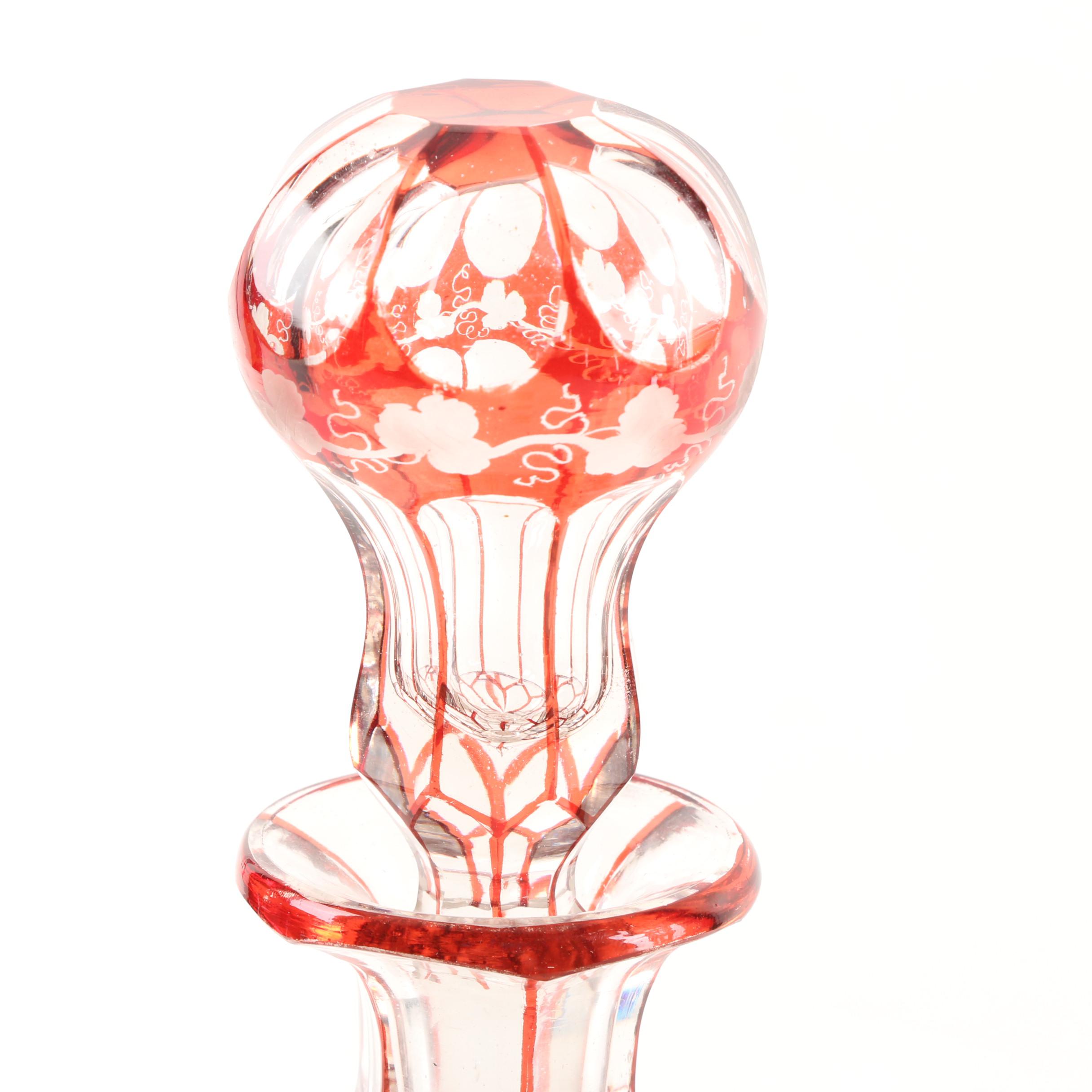 Bohemian Ruby Flashed Crystal Decanters with Grape Vine Motif