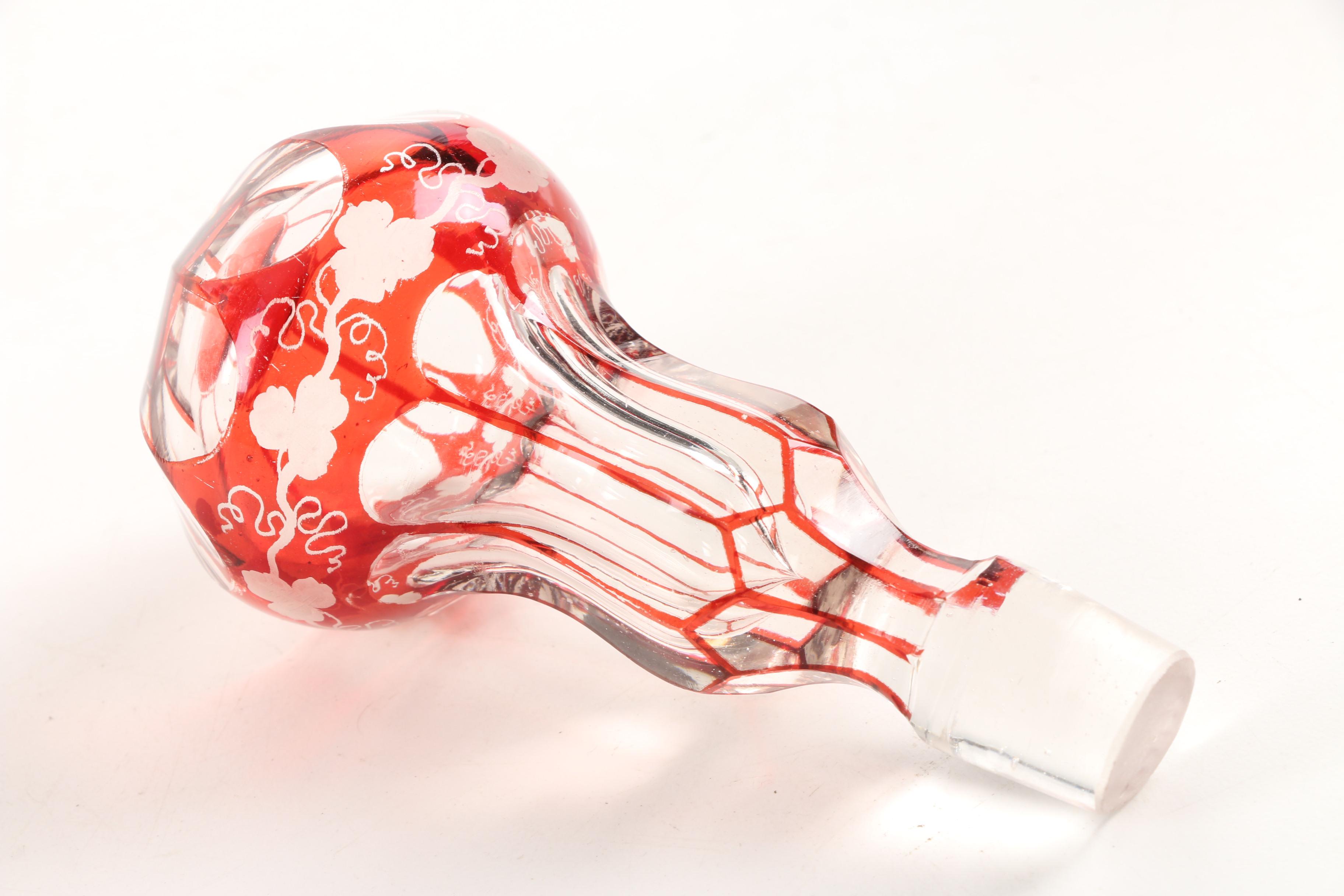 Bohemian Ruby Flashed Crystal Decanters with Grape Vine Motif