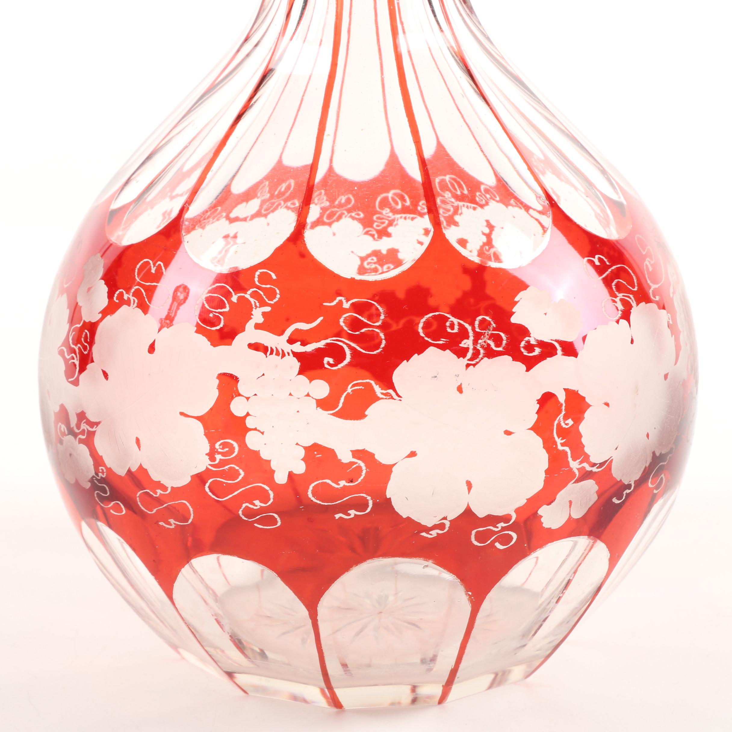 Bohemian Ruby Flashed Crystal Decanters with Grape Vine Motif