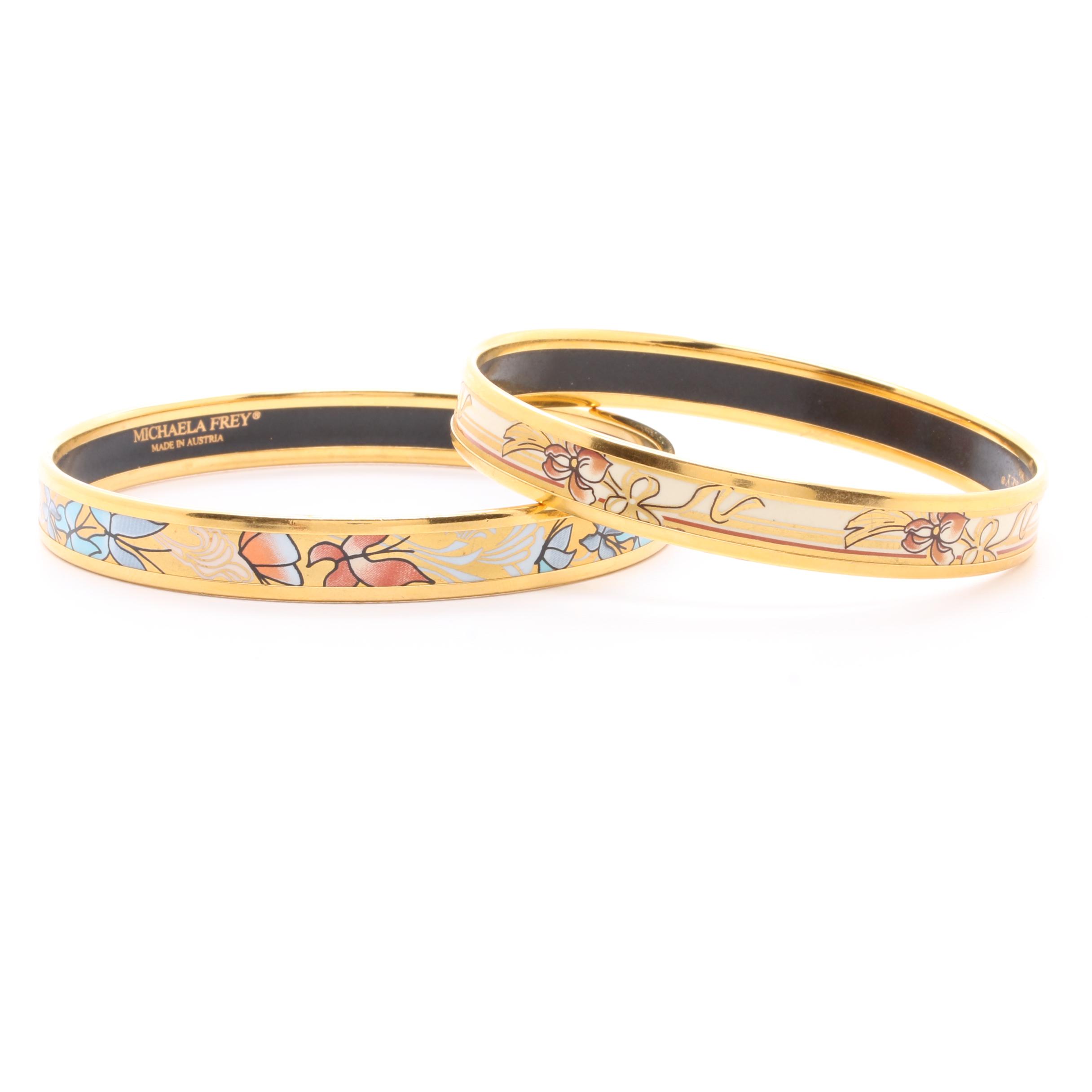 Michaela Frey Gold Tone Enamel Bangle Bracelets