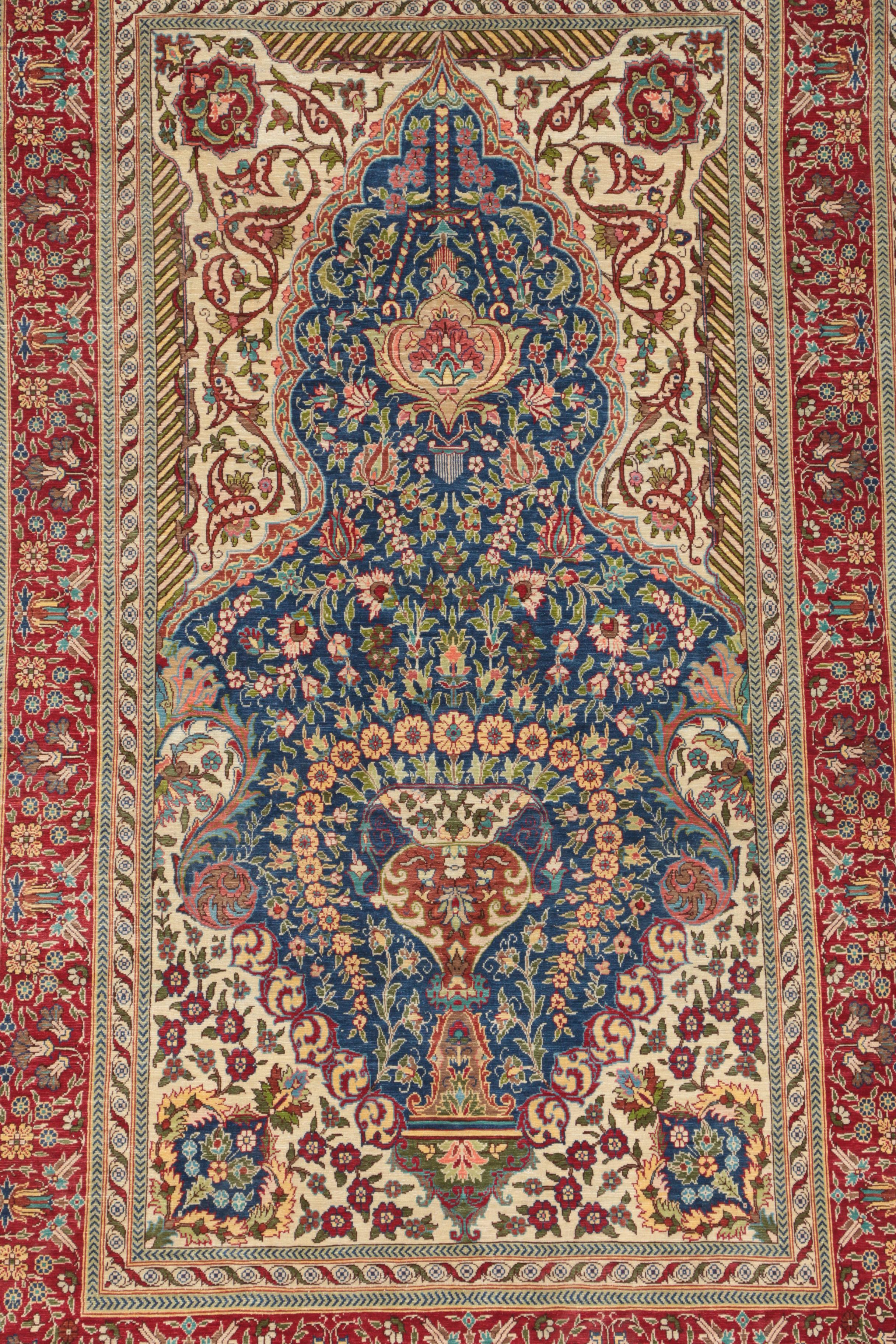 Hand-Knotted Inscribed Turkish Hereke Silk Prayer Rug
