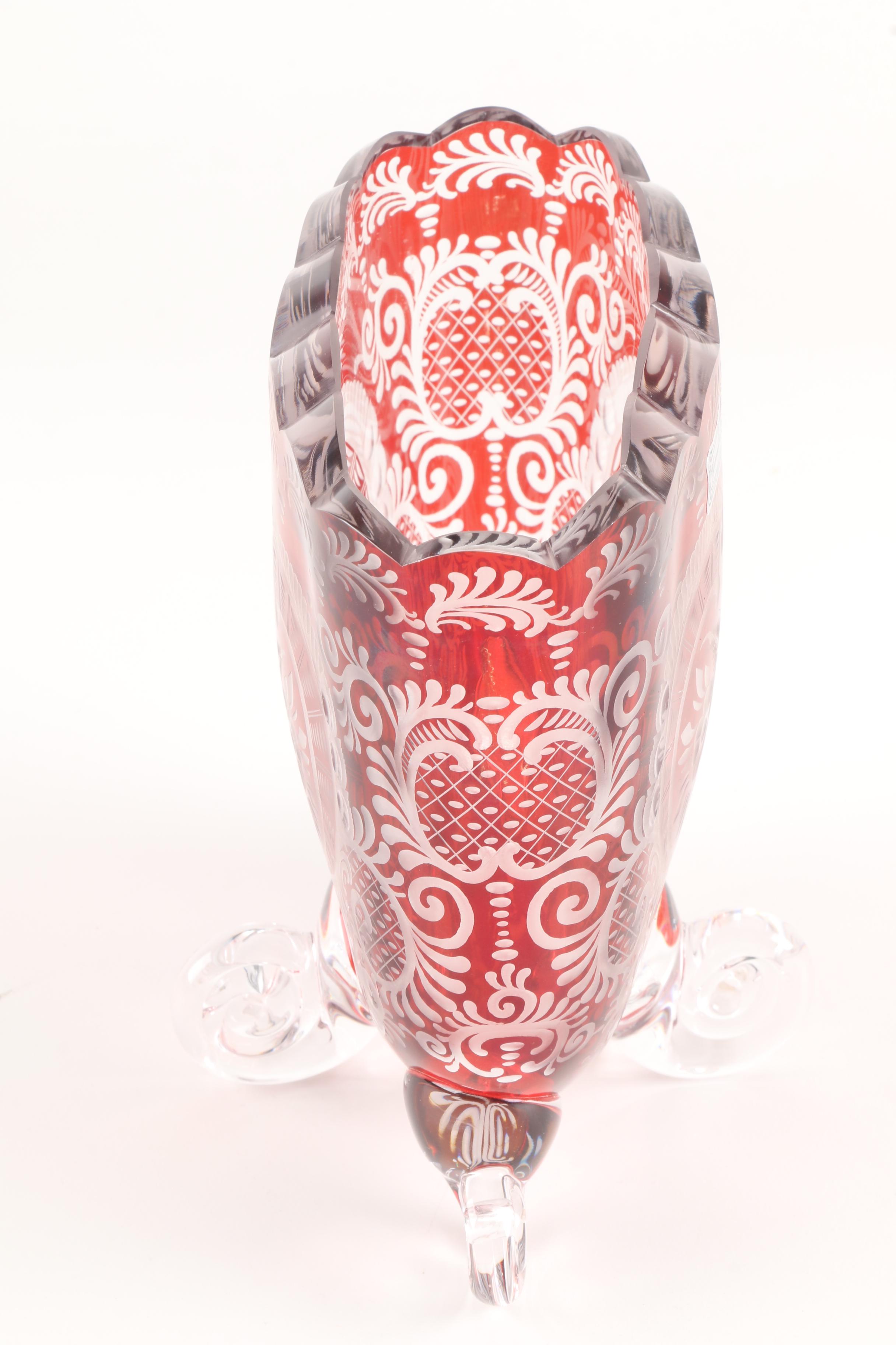 Egermann Czech Bohemian Crystal Red Cut to Clear Footed Vase