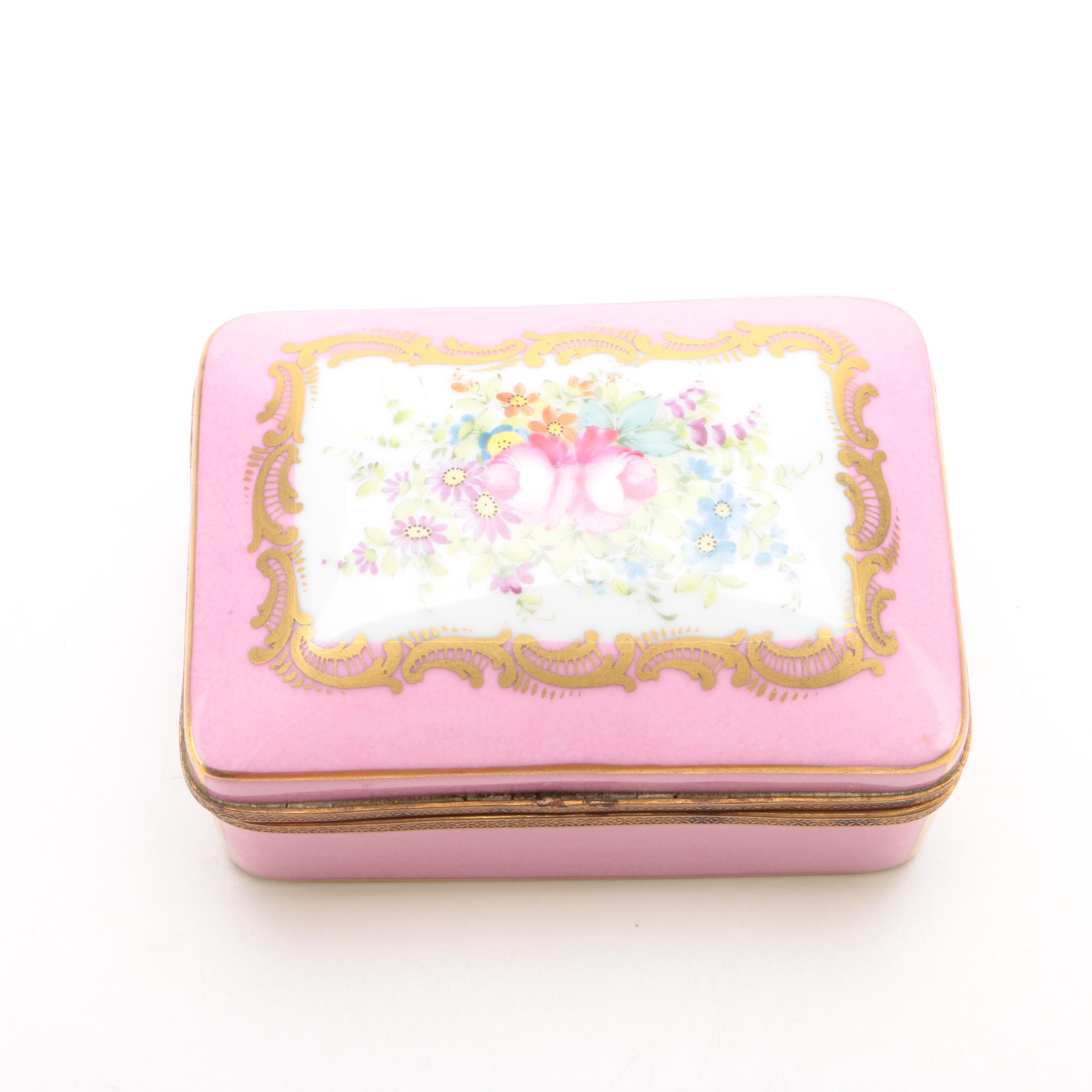 Hand-Painted Porcelain de Paris Floral Themed Trinket Box