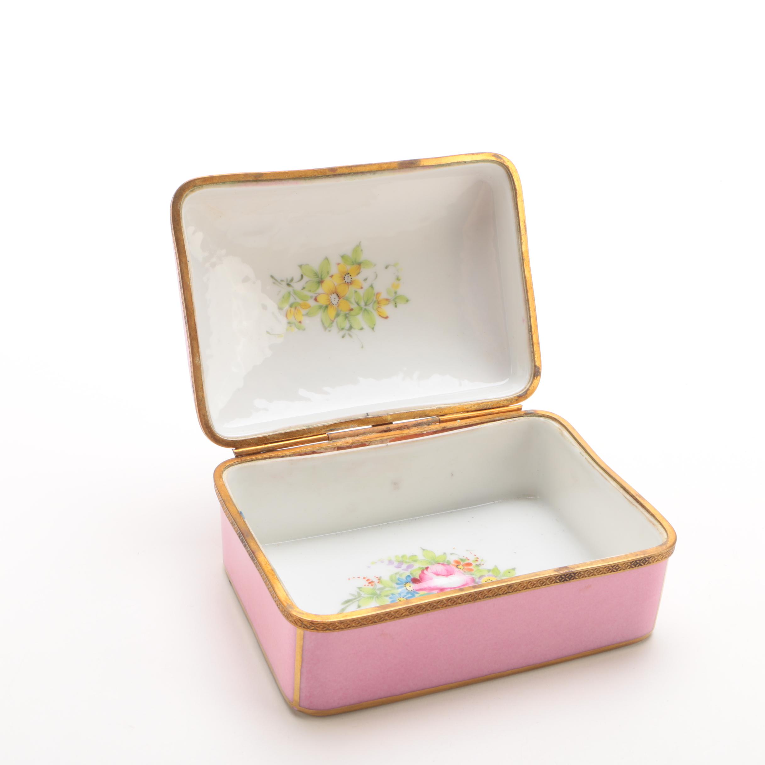 Hand-Painted Porcelain de Paris Floral Themed Trinket Box