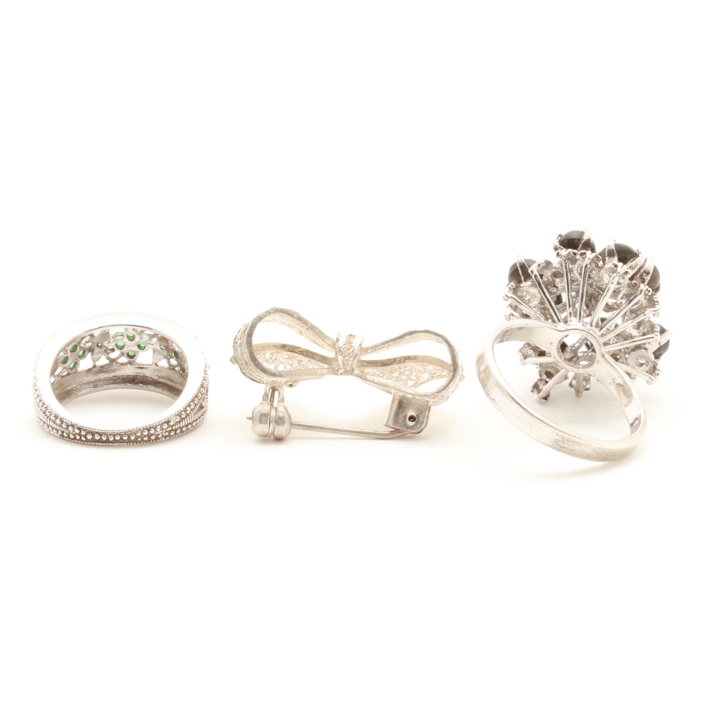 Sterling Silver Jewelry Assortment Including Black Star Sapphire and Diamonds