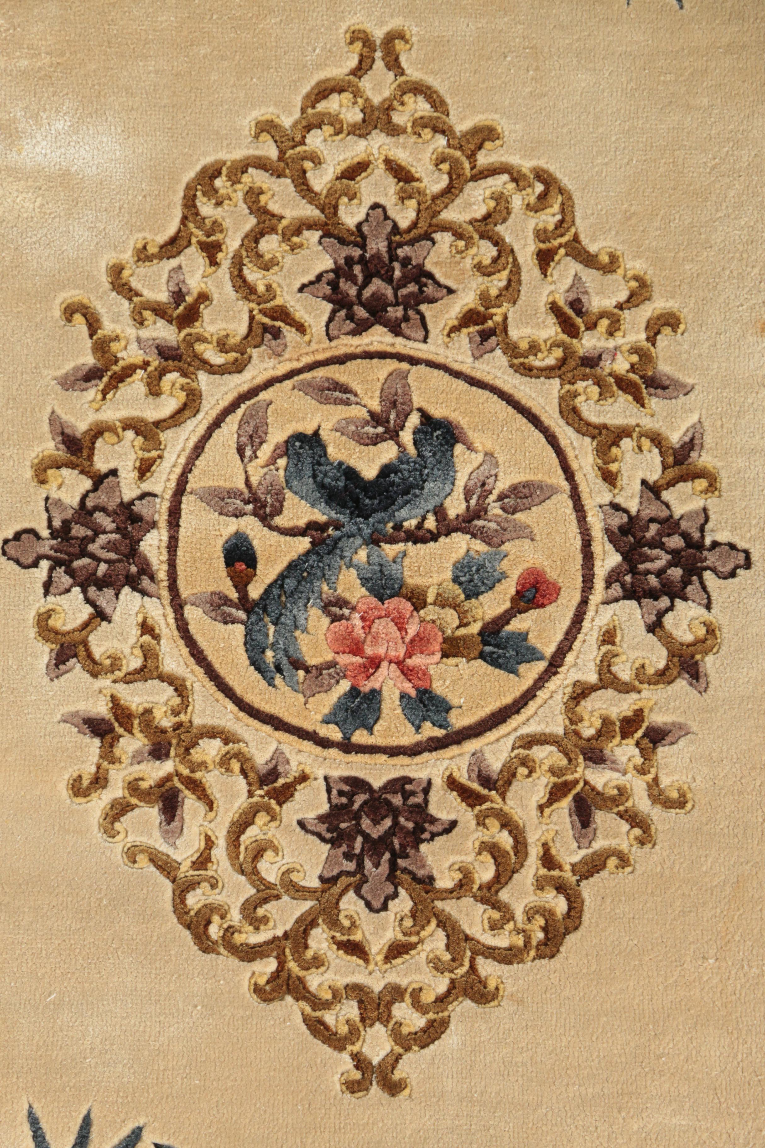 Hand-Knotted Chinese Carved Wool-Silk Blend Accent Rug