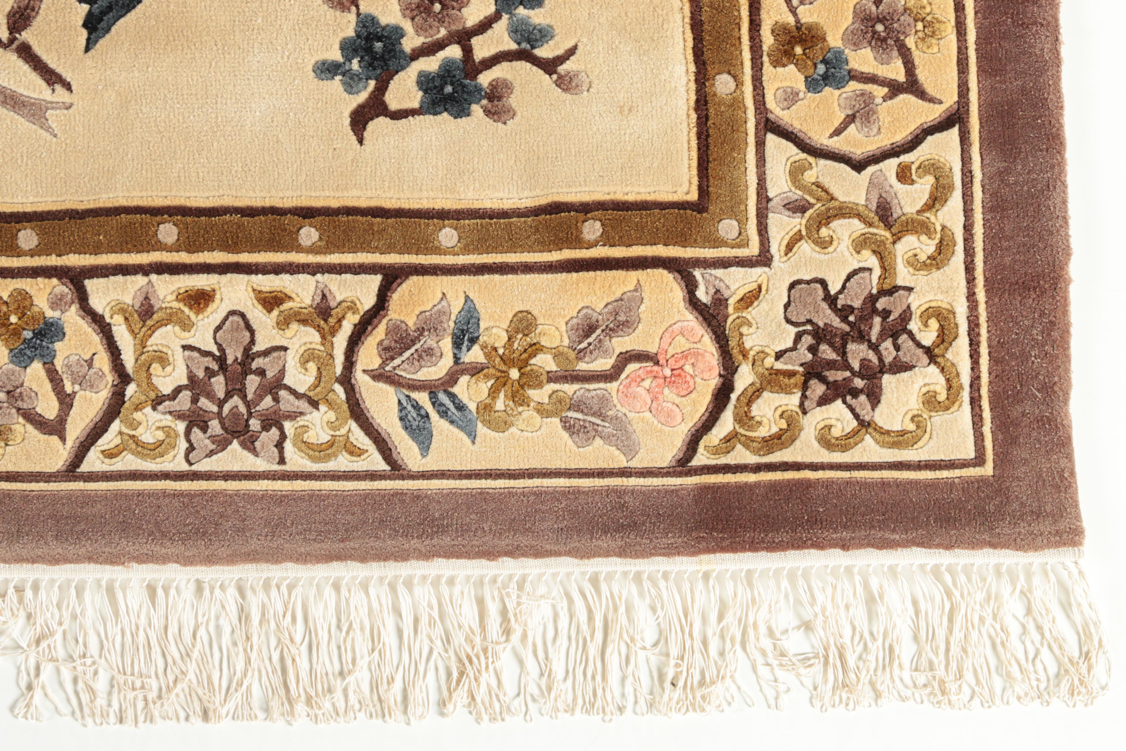 Hand-Knotted Chinese Carved Wool-Silk Blend Accent Rug