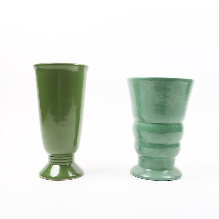 Vintage Green Glaze Pottery Vases