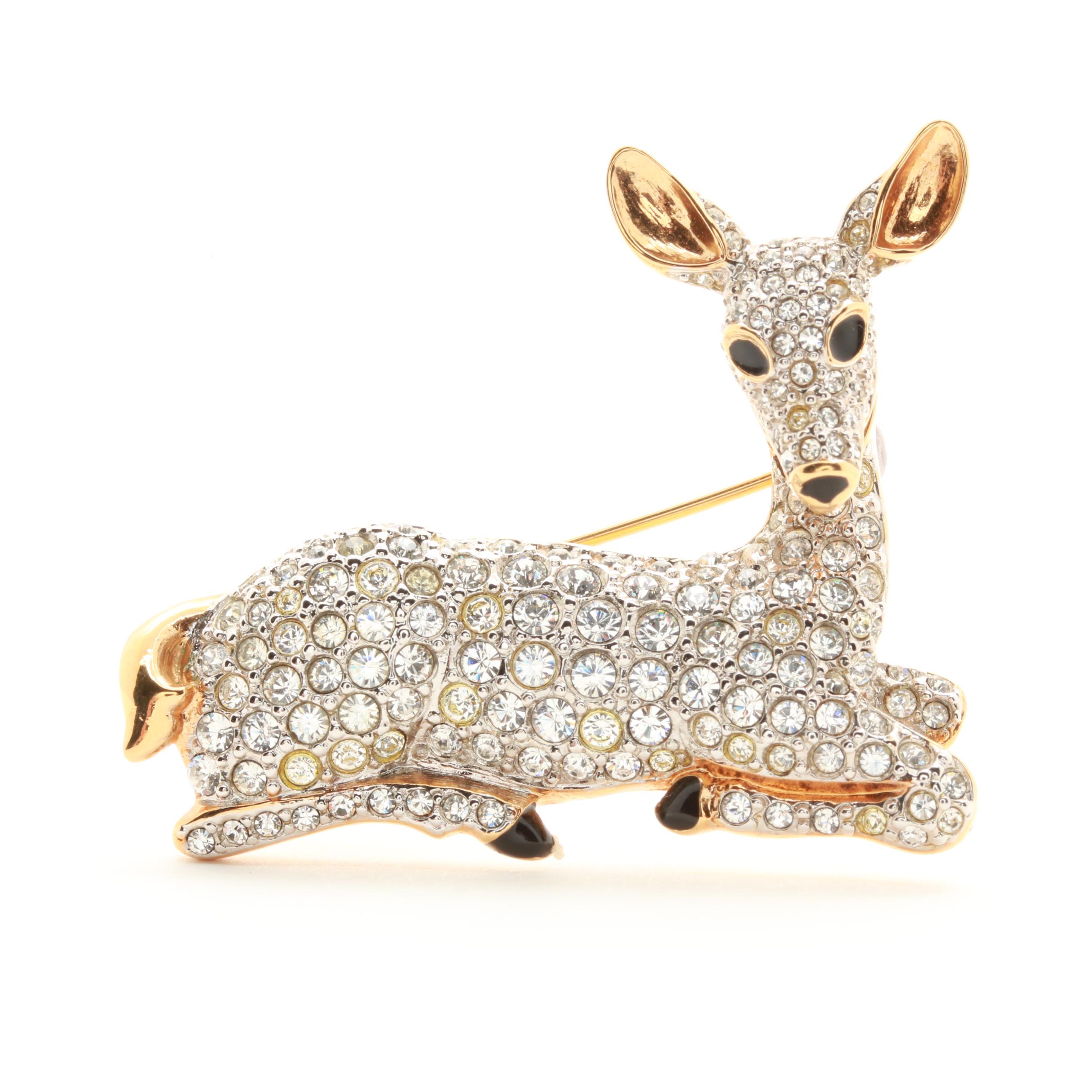 Swarovski Gold-Tone Crystal and Enameled Deer Brooch