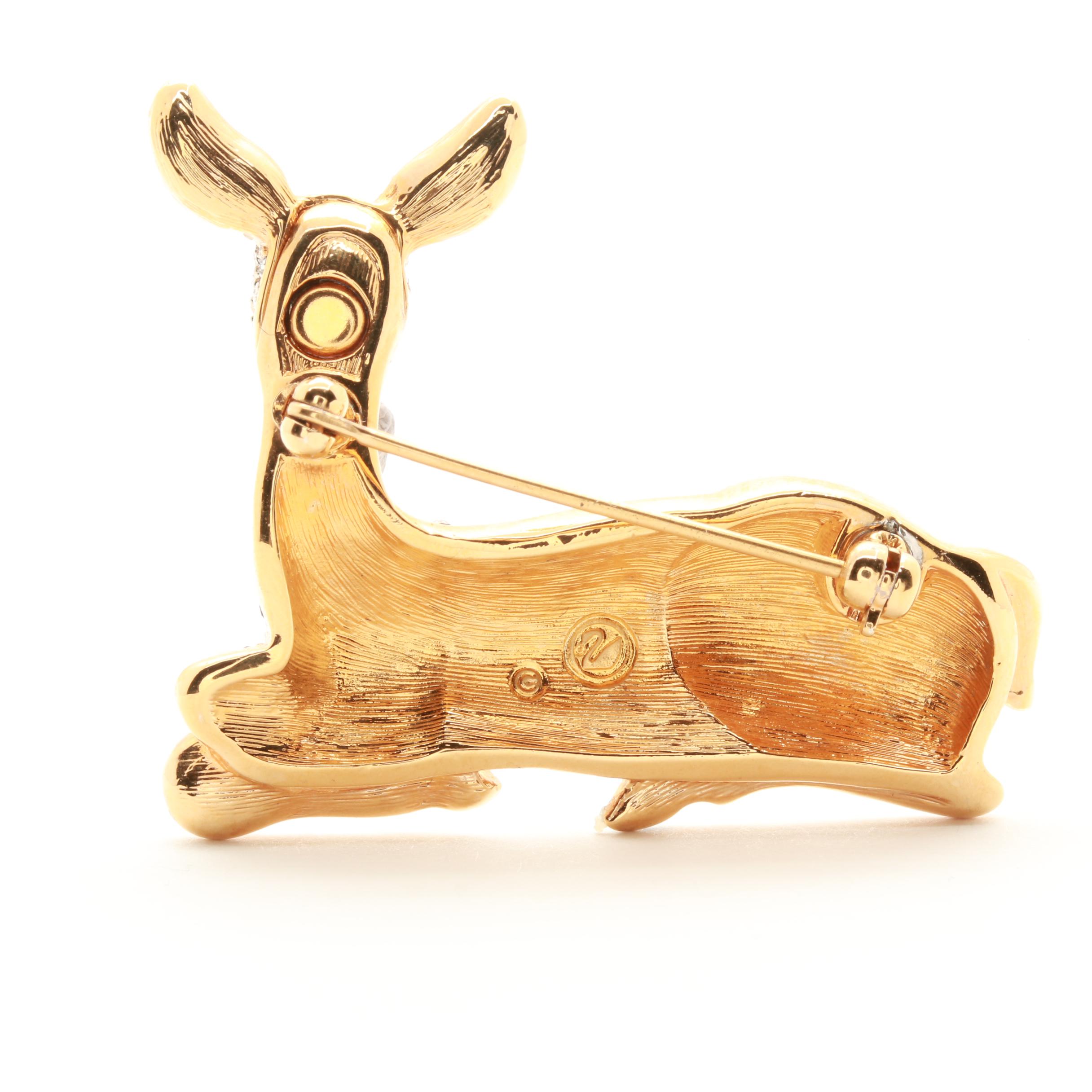 Swarovski Gold-Tone Crystal and Enameled Deer Brooch