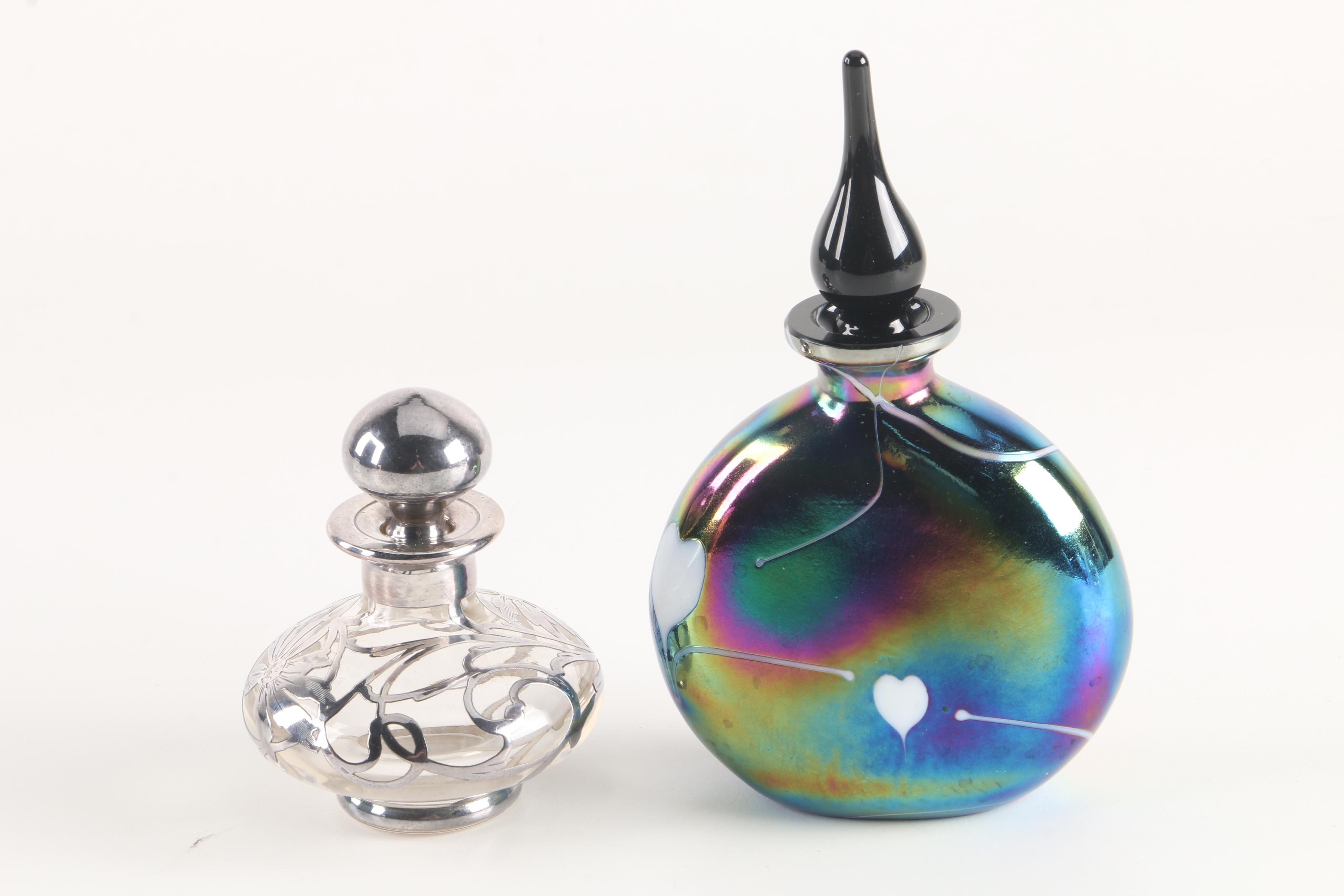 Crystal and Glass Perfume Bottles Featuring Silver Overlay