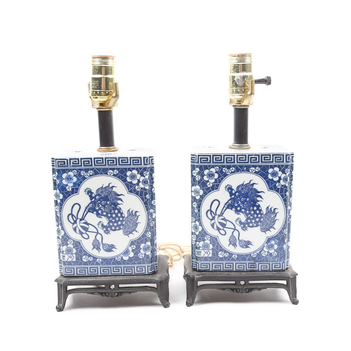 Vintage Chinese Blue and White Ceramic Table Lamps with Footed Metal Bases