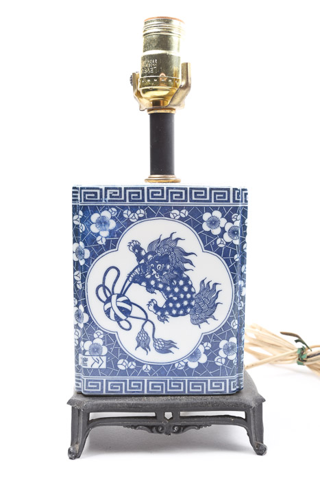 Vintage Chinese Blue and White Ceramic Table Lamps with Footed Metal Bases